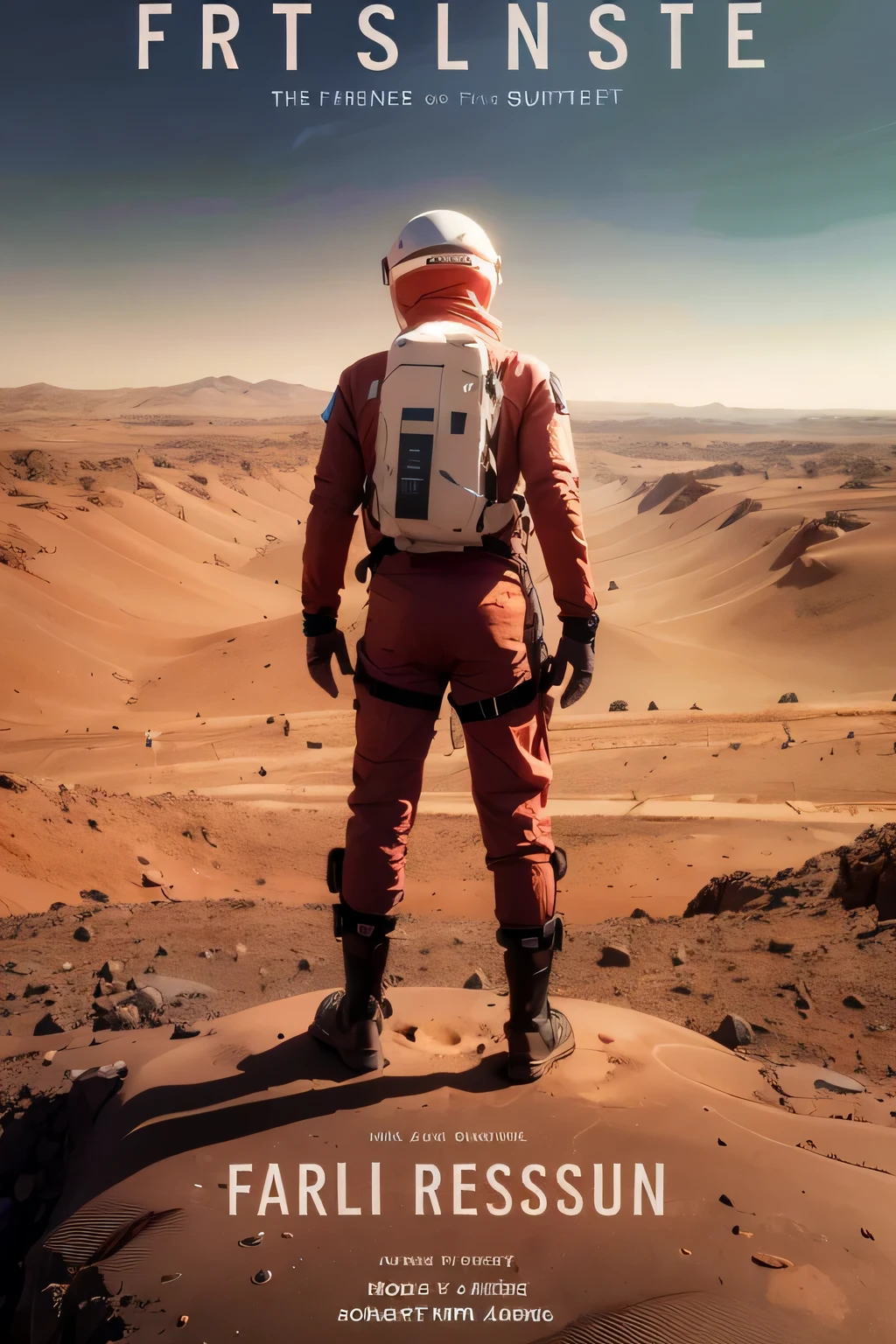 Book cover for a science fiction book about the first generation, die auf dem Mars geboren wurde. Auf dem Cover sollte ein Mann von hinten zu sehen sein.sein Gesicht nicht zeigen.
He stands in front of a large raw material mine at the Gusev crater