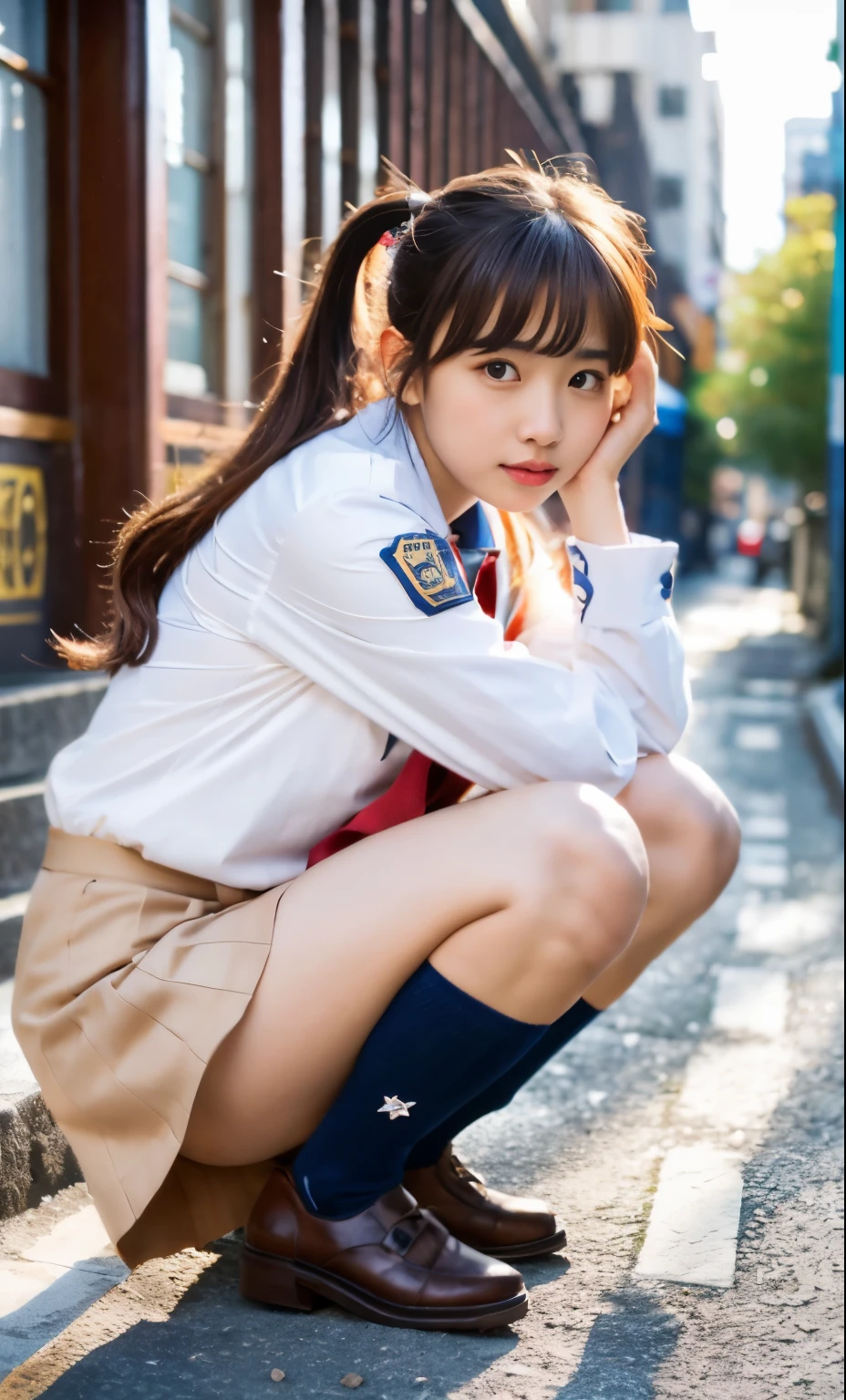 Ulzzang-6500-V1.1, (raw photos:1.2), (realistic:1.4), Beautiful girl captures details, Very detailed eyes and face, Beautifully detailed eyes, funny, Incredibly ridiculous, Big file size, Highly detailed, high resolution, Highly detailed, best quality best, Masterpiece, kemomimi, ((Girls High School Uniform)), Highly detailed, CG, combination, 8K wallpaper, marvelous, delicate details, Masterpiece, best quality best, very detailed CG uniform 8K wallpaper, movie light, 1 girl, 18 yo, (camel toe), (Sit with your knees bent)) , A little plump. , squat , thigh , Short socks , squatting , Ponytail
