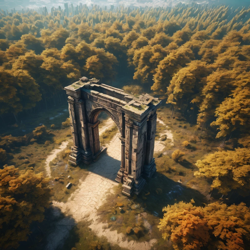 Aerial view of a forgotten ((open gateway)) of time and space.(best quality,4k,8k,highres,masterpiece:1.2),ultra-detailed,(realistic,photorealistic,photo-realistic:1.37),HDR,UHD,studio lighting,ultra-fine painting,sharp focus,physically-based rendering,extreme detail description,professional,vivid colors,bokeh,concept artists