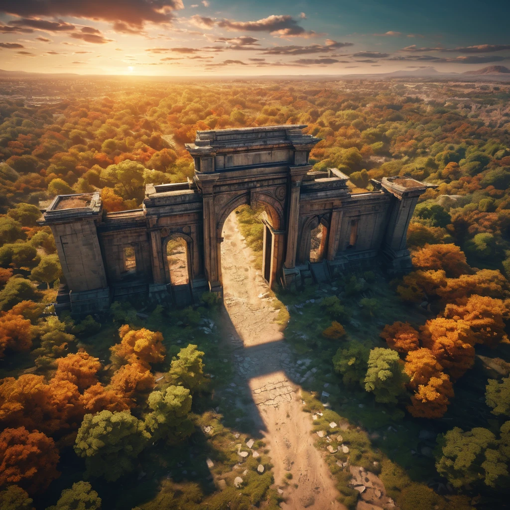Aerial view of a forgotten ((open gateway)) of time and space.(best quality,4k,8k,highres,masterpiece:1.2),ultra-detailed,(realistic,photorealistic,photo-realistic:1.37),HDR,UHD,studio lighting,ultra-fine painting,sharp focus,physically-based rendering,extreme detail description,professional,vivid colors,bokeh,concept artists