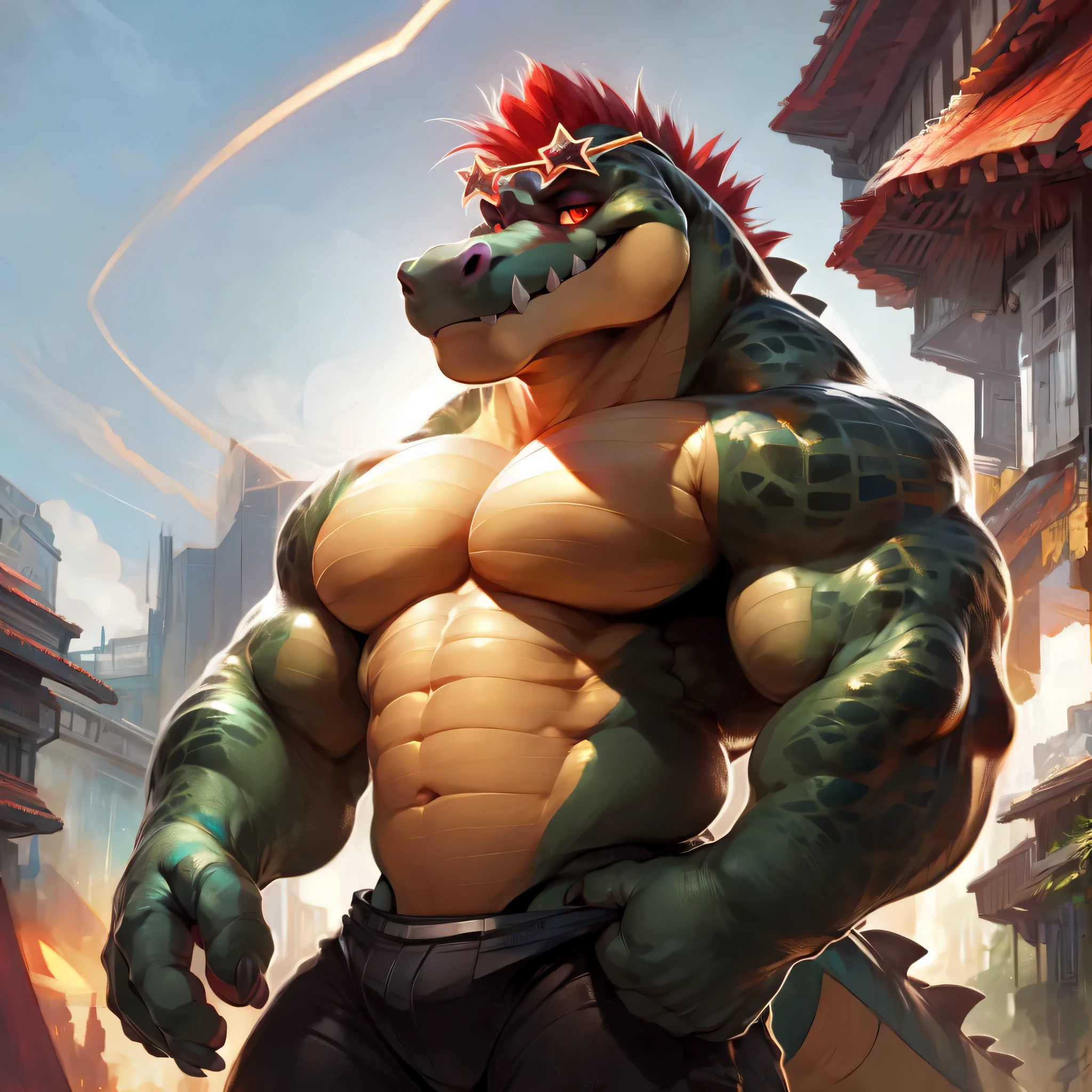 male, solo, alligator, full body, Delicate face, Delicate eyes, realistic, masterpiece, Ultra highest quality, unreal engine, trending on ArtStation, Intricate, Ultra High Detail, dramatic, realism, realistic, standing, muscle, scalie, day, looking_at_viewer, Ultra detailed eyes, Ultra detailed body, Ultra detailed face, outside, expressive, masculine, devilish smirk) 8k HD, hdr, masterpiece, red mohawk, star sunglasses, crocodile tail, full body, detailed eyes, red eyes, glowing eyes, bara, beefy, star shaped shades, (by null-ghost,by darkgem,by pino daeni,by zoroj, by redrusker)