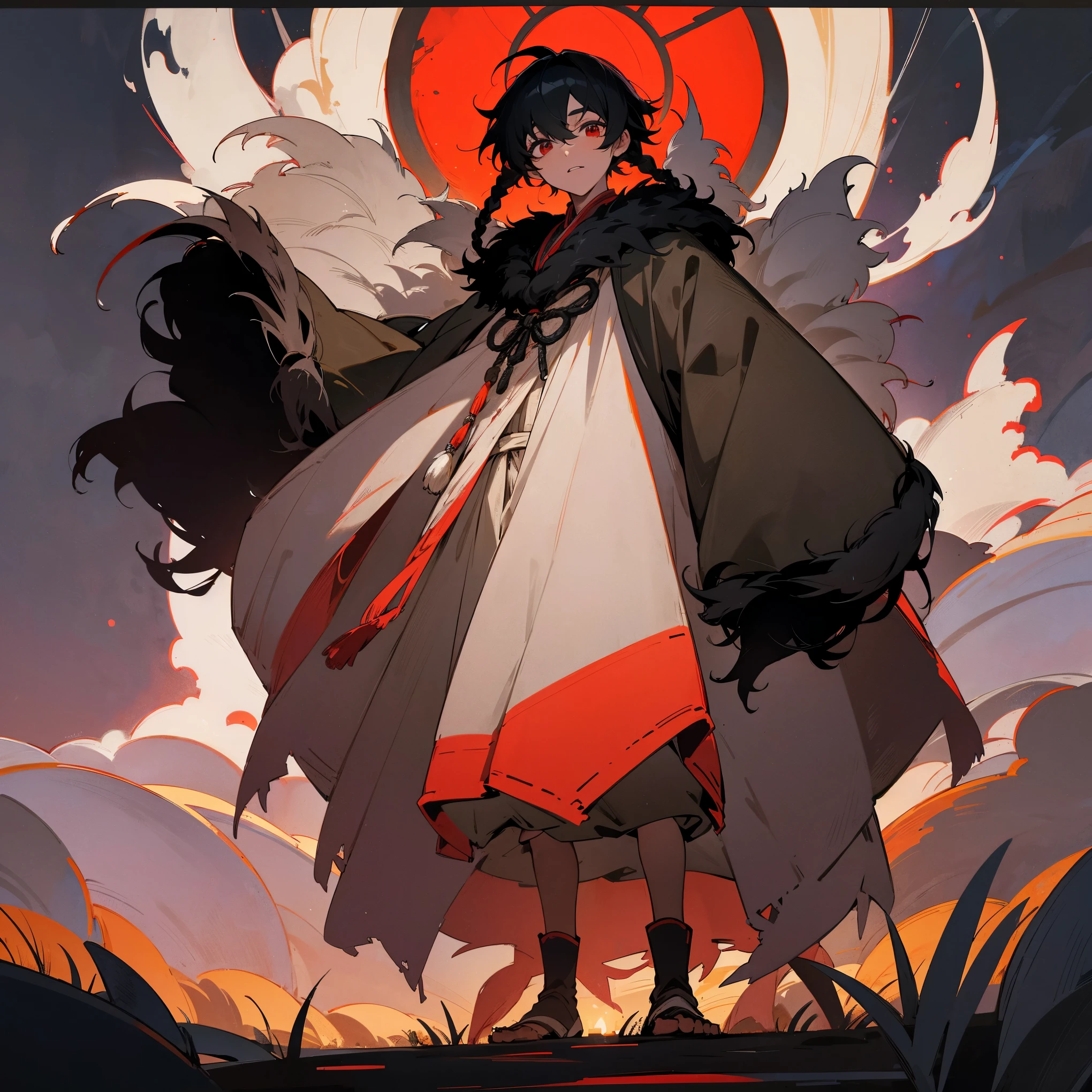 1male, , finely detailed red eyes, short messy black hair with single braid in front, fur poncho, peasant clothing, night time, standing on path, forest,