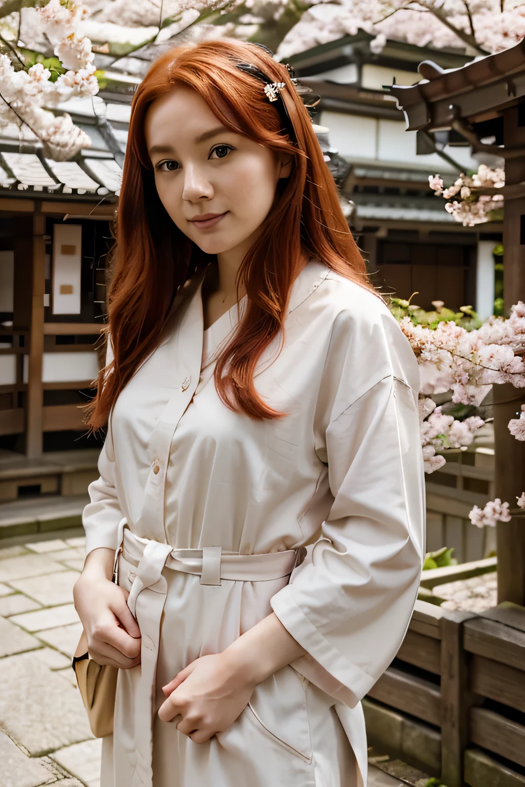 a red haired 26 year old, in japan, below the cherry blossom, posing or the camera, wearing japanese clothes