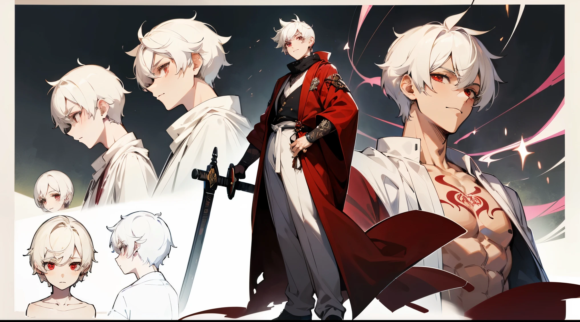 (absurdres, highres, ultra detailed), masterpiece, best quality, solo, a boy with white short hair, red and white robe, handsome, finely eye, detailed eye, vibrant red eyes, detailed face, black scarf, bare chest, carry two swords, dual-swords, tattoo, from below, look down, ruined city, dark background, swirl, spark ((masterpiece)),(((best quality))),(character design sheet,same character,front,side,back), Reference sheet of a cute boy ,full body.shota,13 years old,,anime boy, full body handsome anime pose, Boy, Disney style