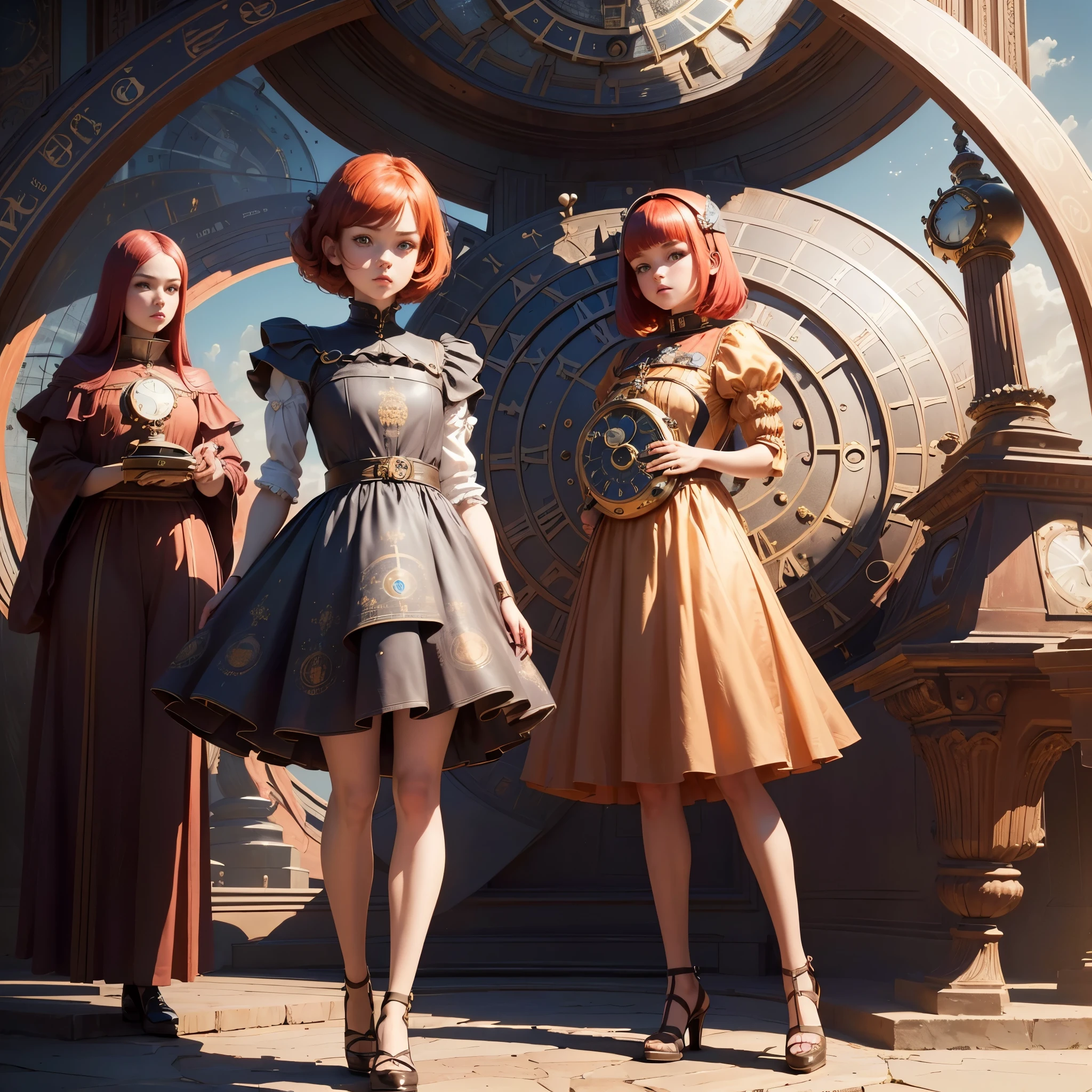 masterpiece, highest quality, ((giant girl standing in space)), 1 girl, ((((holding a giant clock)))), ((A clock as big as your face)), ((bed on hand)), red bob hair, amber eyes, ruffle dress, ((diagonally)), perfect face, Mysterious, (Looking into the distance), Detailed and beautiful, --automatic