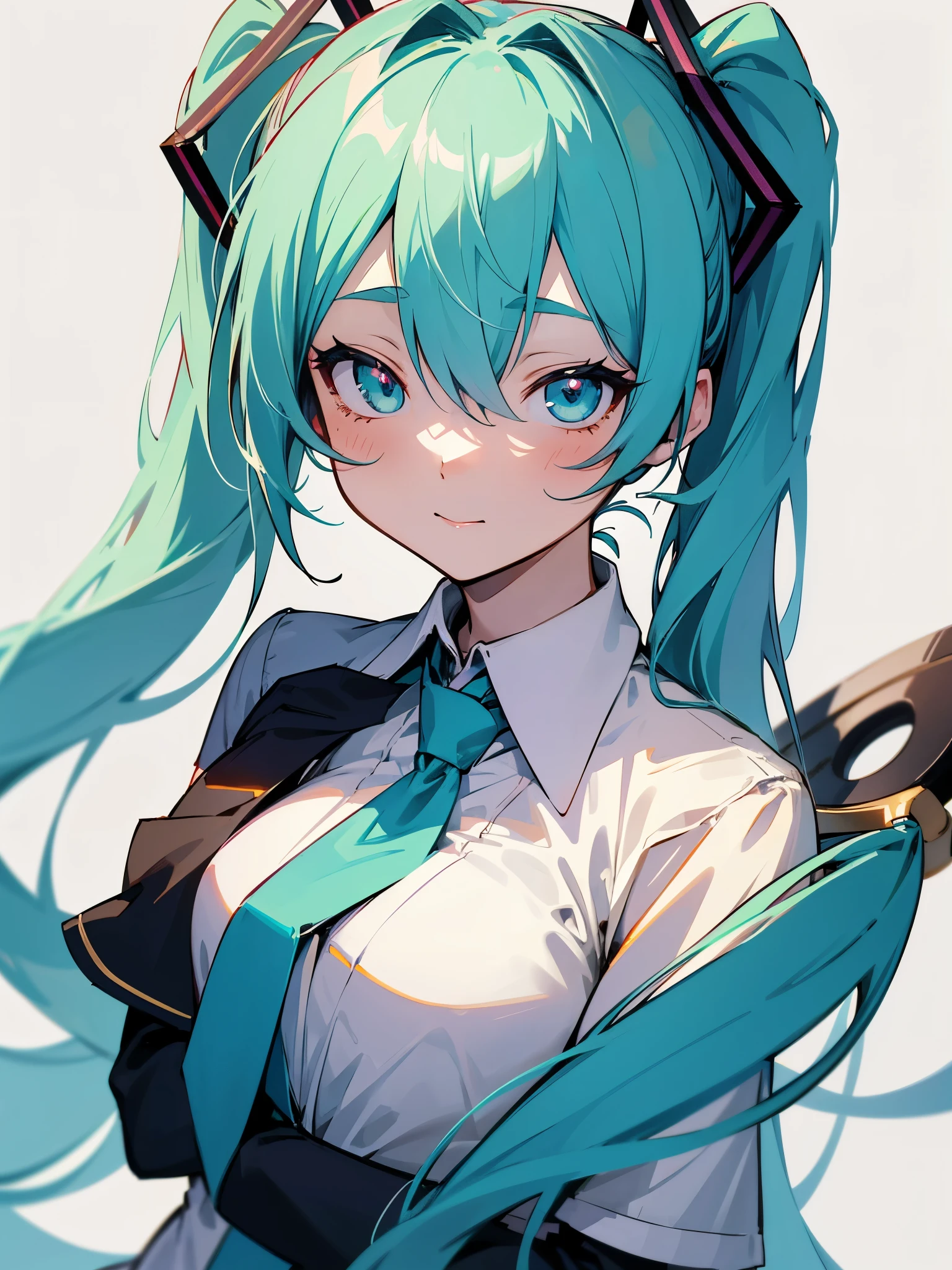 miku hatsune, A wistful look, Pale shadows, animesque, Twin-tailed, face with high quality, with outline, Bokaro, Raking up your hair, Illustration style, Awesome cutest, Warm, neck tie, full bodyesbian