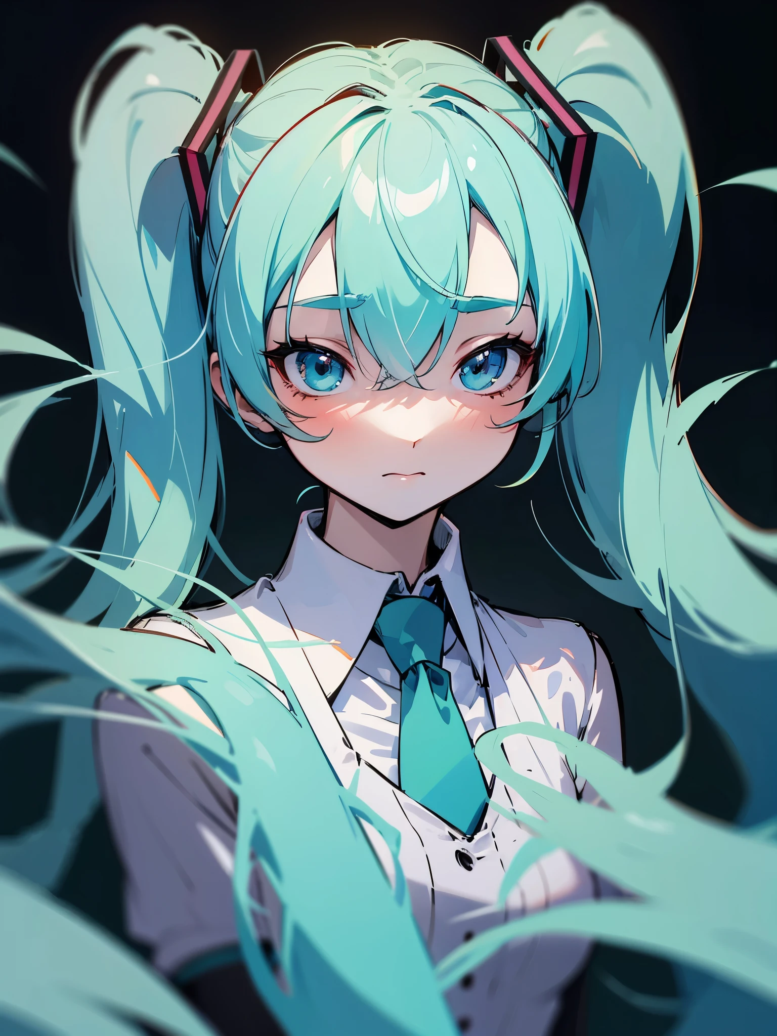 miku hatsune, A wistful look, Pale shadows,  animesque, Twin-tailed, face with high quality,  with outline, Bokaro, Raking up your hair, Illustration style, Awesome cutest,  Warm, neck tie, full bodyesbian