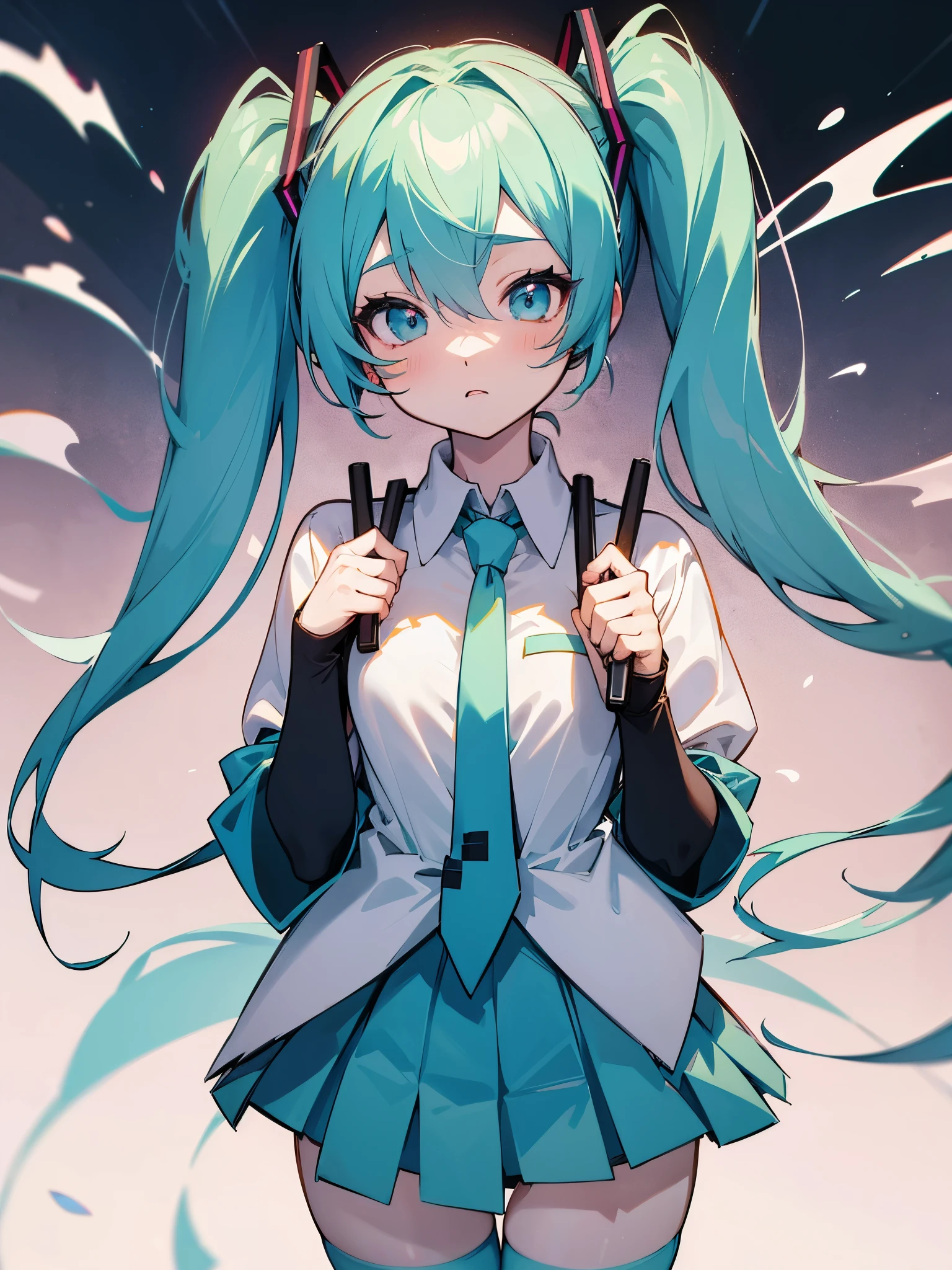 miku hatsune, A wistful look, Pale shadows,  animesque, Twin-tailed, face with high quality,  with outline, Bokaro, Raking up your hair, Illustration style, Awesome cutest,  Warm, neck tie, full bodyesbian