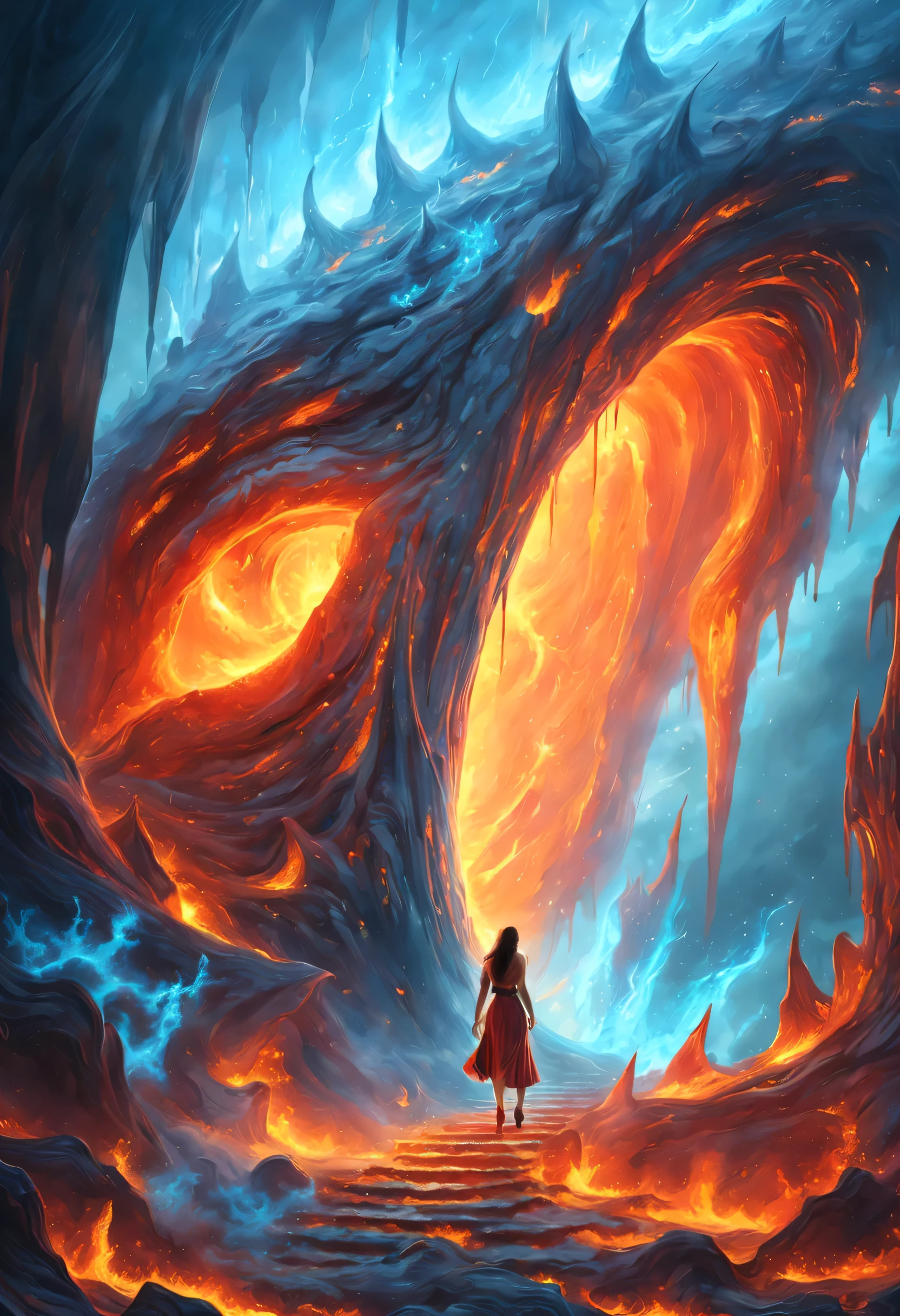 high details, best quality, 16k, [best detailed], masterpiece, best quality, (extremely detailed), a view from the rear of a beautiful woman looking through  a magical portal onto hell, the portal has magical wards  on it, she sees the fiery hell and rolling inferno faize , GlowingRunes_paleblue, GlowingRunesAI_paleblue