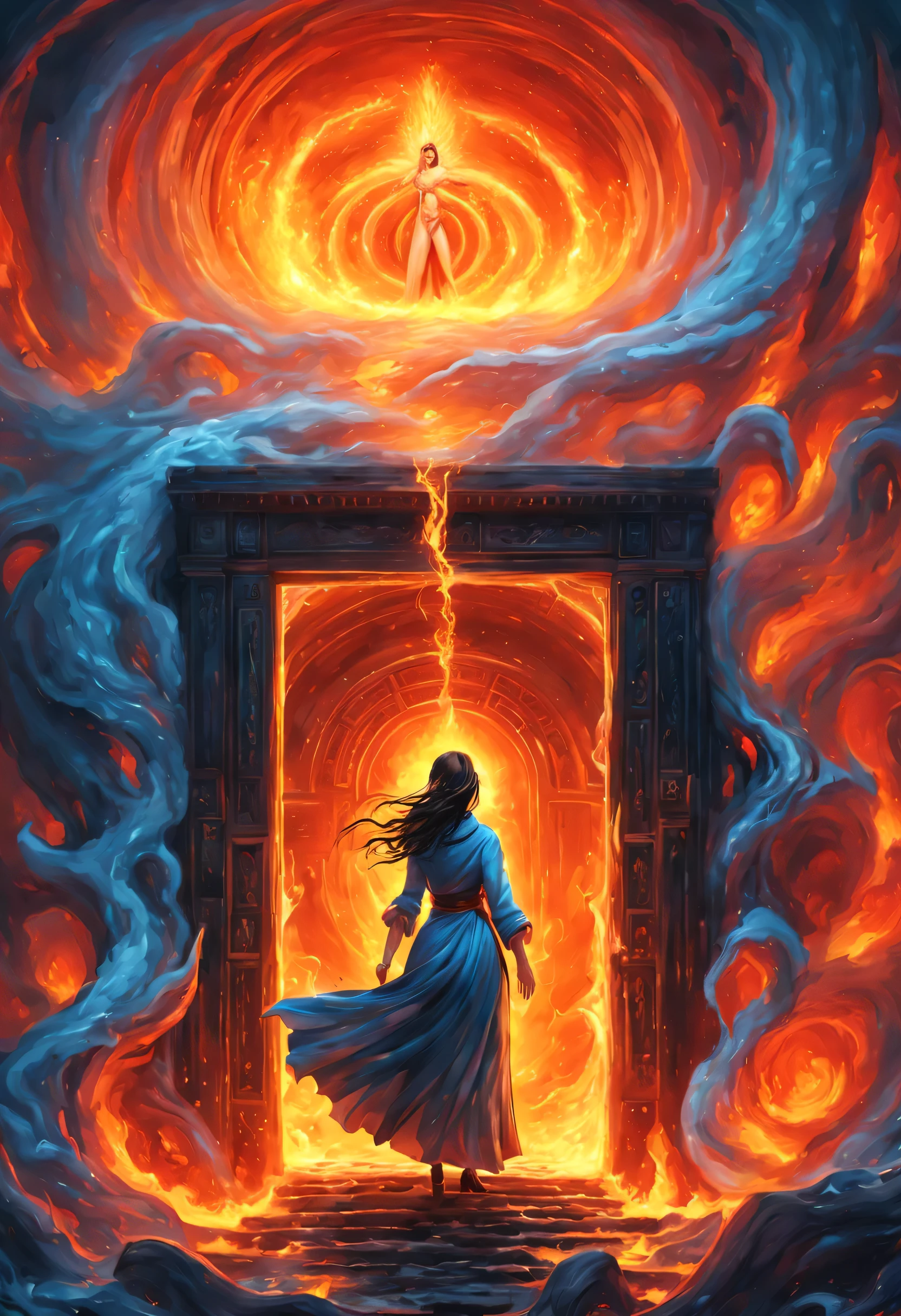 high details, best quality, 16k, [best detailed], masterpiece, best quality, (extremely detailed), a view from the rear of a beautiful woman looking through  a magical portal onto hell, the portal has magical wards  on it, she sees the fiery hell and rolling inferno faize , GlowingRunes_paleblue, GlowingRunesAI_paleblue