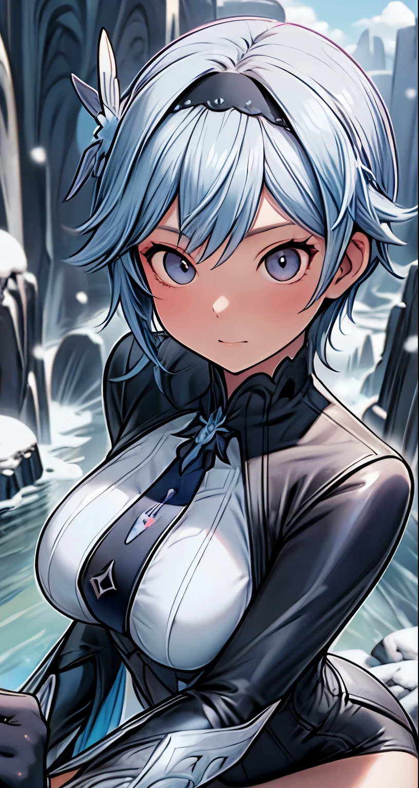 (masterpiece),(intricate details),1girl,mature female,pale skin,huge breasts:1.49,boring _face, 
BREAK 
eula, eula, black hairband, blue hair, butterfly hair ornament, hair ornament, hairband, long hair, purple eyes, BREAK black gloves, black thighhighs, blue gloves, blue necktie, bodysuit, gloves, long sleeves, necktie, thighhighs, two-tone gloves, vision (genshin impact), wide sleeves|,
((sit on the A winding river carves through a deep canyon, its crystal-clear waters meandering amidst towering cliffs that bear witness to the passage of time.)),((upper body,portrait)),from above:1.3,depth of field,looking at viewer
BREAK
day,snow,windy,blue sky,ice,((cumulonimbus)),