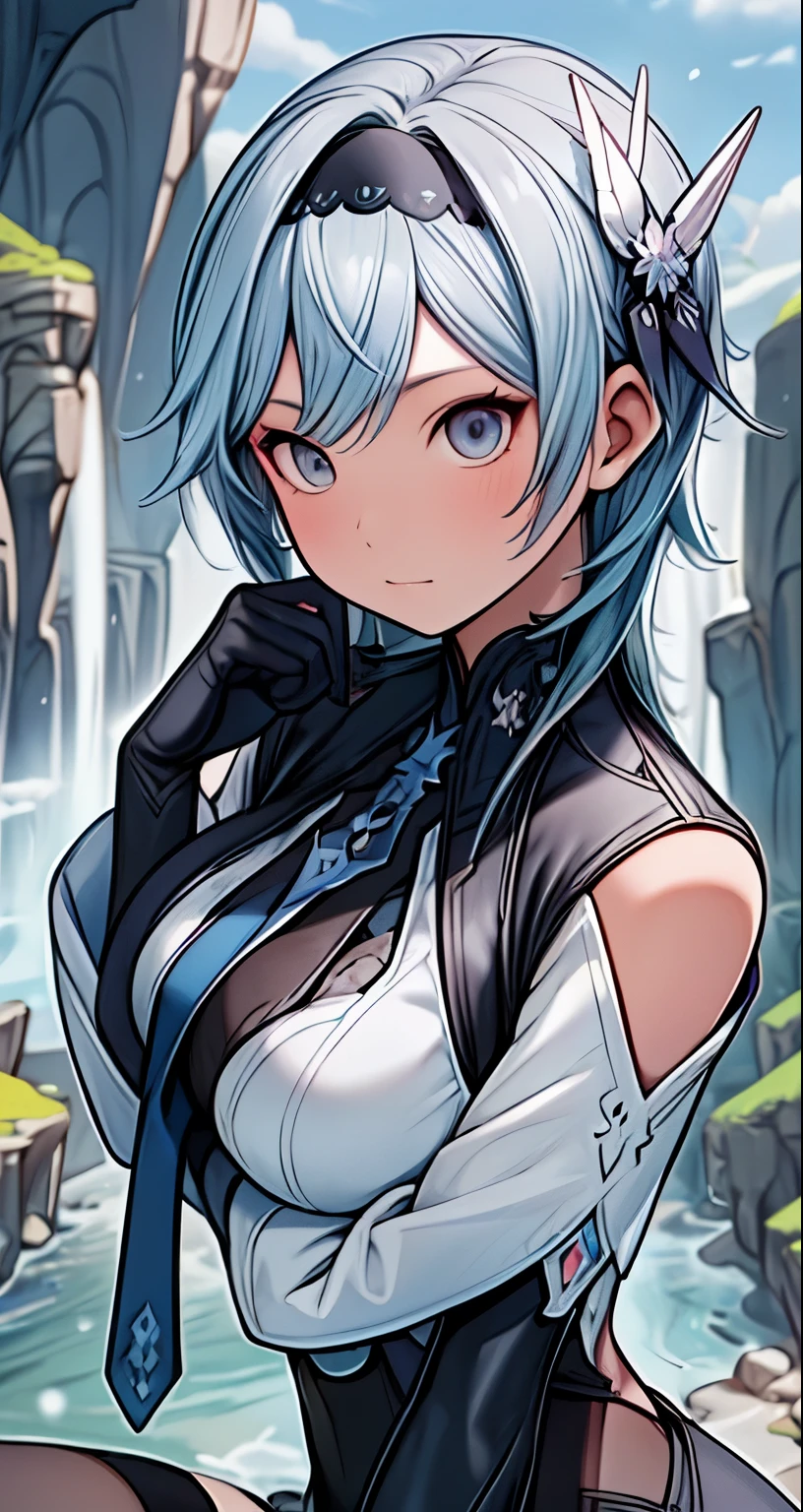 (masterpiece),(intricate details),1girl,mature female,pale skin,huge breasts:1.49,boring _face, 
BREAK 
eula, eula, black hairband, blue hair, butterfly hair ornament, hair ornament, hairband, long hair, purple eyes, BREAK black gloves, black thighhighs, blue gloves, blue necktie, bodysuit, gloves, long sleeves, necktie, thighhighs, two-tone gloves, vision (genshin impact), wide sleeves|,
((sit on the A winding river carves through a deep canyon, its crystal-clear waters meandering amidst towering cliffs that bear witness to the passage of time.)),((upper body,portrait)),from above:1.3,depth of field,looking at viewer
BREAK
day,snow,windy,blue sky,ice,((cumulonimbus)),