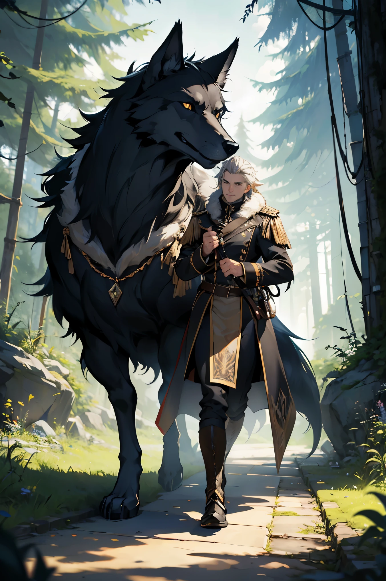 (absurdres, hight resolution, Ultra-detailliert), 1 male, Erwachsene, stattlich, big muscular guy, breite Schultern, fein detaillierte Augen, sehr langes, gebundenes Haar, schwarzes Haar, gewelltes Haar, Diamant, Schmuck, Garten,Wolf,Tiere, die den Mann umringen,full-body shot, Wald, portrait, (Weitwinkel), geschlossener Mund