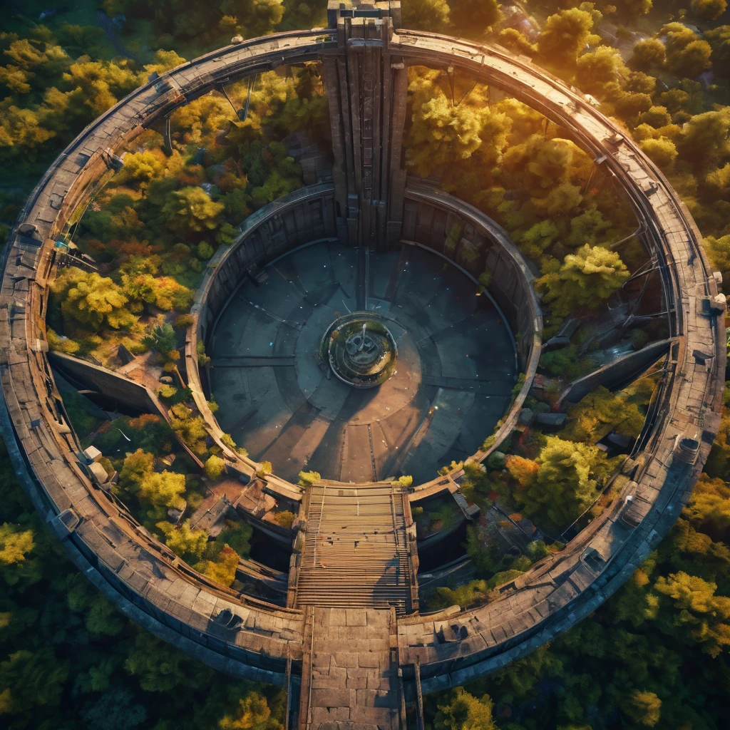 Aerial view of a forgotten ((open gateway)) of time and space.(best quality,4k,8k,highres,masterpiece:1.2),ultra-detailed,(realistic,photorealistic,photo-realistic:1.37),HDR,UHD,studio lighting,ultra-fine painting,sharp focus,physically-based rendering,extreme detail description,professional,vivid colors,bokeh,concept artists