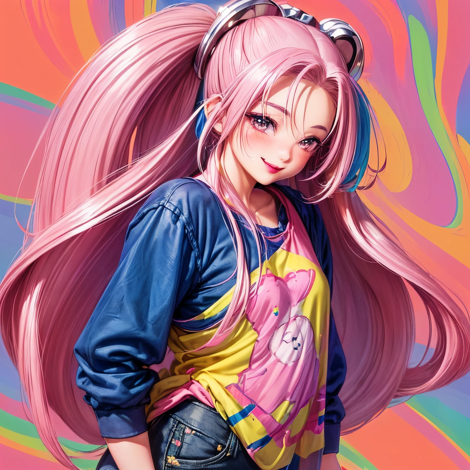 1girl, (((beautiful))), (((long loose silky hair, any colour hair))), (((lipstick))), (((blush))), (((smile))), ((((casual 90's clothes, fashionable 90's attire)))), (((colourful 90's background)))