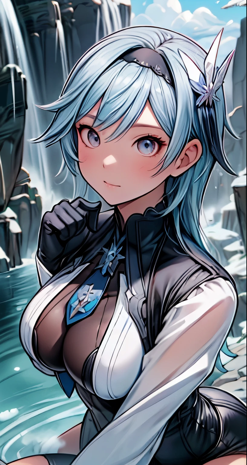 (masterpiece),(intricate details),1girl,mature female,pale skin,huge breasts:1.49,boring _face, 
BREAK 
eula, eula, black hairband, blue hair, butterfly hair ornament, hair ornament, hairband, long hair, purple eyes, BREAK black gloves, black thighhighs, blue gloves, blue necktie, bodysuit, gloves, long sleeves, necktie, thighhighs, two-tone gloves, vision (genshin impact), wide sleeves|,
((sit on the A winding river carves through a deep canyon, its crystal-clear waters meandering amidst towering cliffs that bear witness to the passage of time.)),((upper body,portrait)),from above:1.3,depth of field,looking at viewer
BREAK
day,snow,windy,blue sky,ice,((cumulonimbus)),