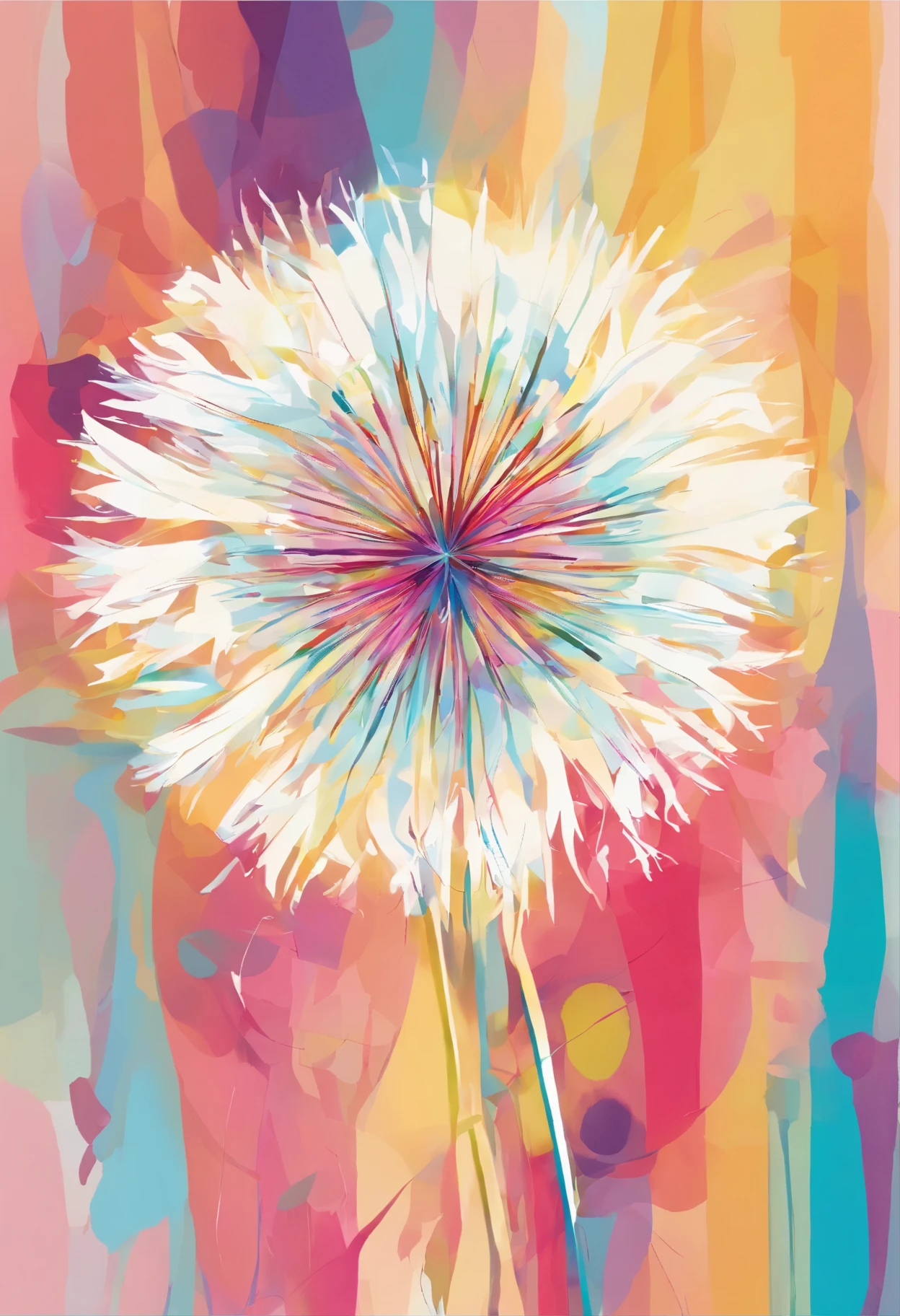 Draw an abstract painting of a single flower.,Light pastel dandelion fluff、aesthetic composition，estilo minimalista, golpes suaves e quentes、The main colors of the work are soft pastel tones..、Enquanto olho para esta imagem, DIG、Interaction of color and texture、Immerse DIGrself in the gentle atmosphere