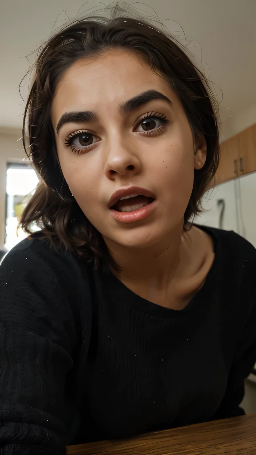 A woman, with her eyes wide open, her mouth wide open, and her eyebrows raised in disbelief, shock, surprise, astonishment