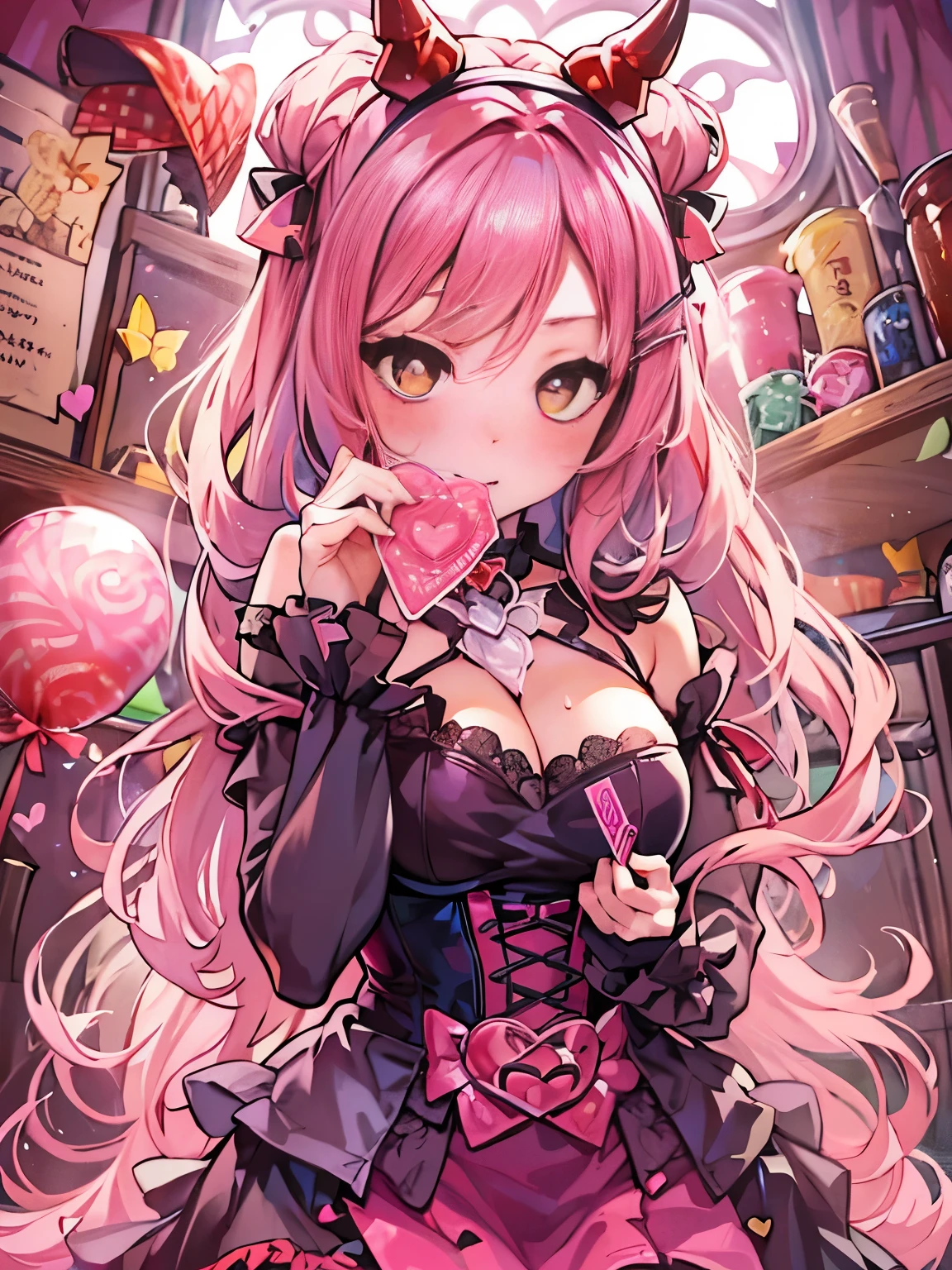 Masterpiece, animerealistic, Top quality, Ultra high definition, Maximum resolution, Very detailed, Professional lighting, kabedon pov, looking at viewer, smug, glowing eyes, One girl, she’s a female oni, she has fangs, hearts around, devilish girl, she has light red hair, pastel pink gothic demoness, pink and red outfit, Very cute, heart tail , long hair, Heart hairclip, a pink red corset top, gothic, accentuated huge breasts, sweat, xoxo hearts, yellow eyes, beautiful eyes, wearing mascara,  Blush, valentines setting, love letter in the background, love in the air, princess heart-shaped pupils, lollipop, candy 