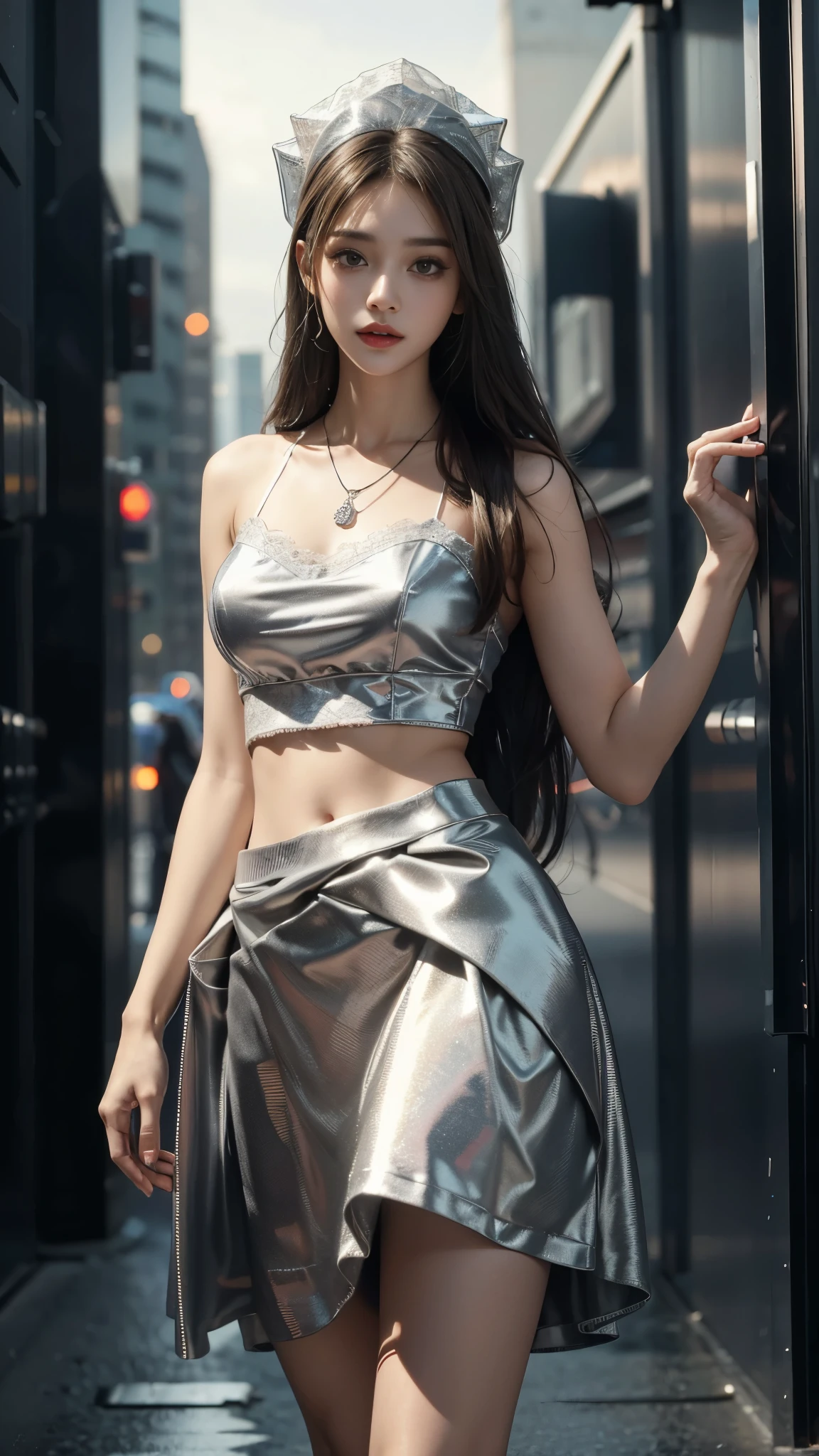 4K ultra hd, masterpiece, a cute girl, long hair, beautiful hairstyle, skirt, silver skirt, bare waist, lace, necklace, hat, cyberpunk,