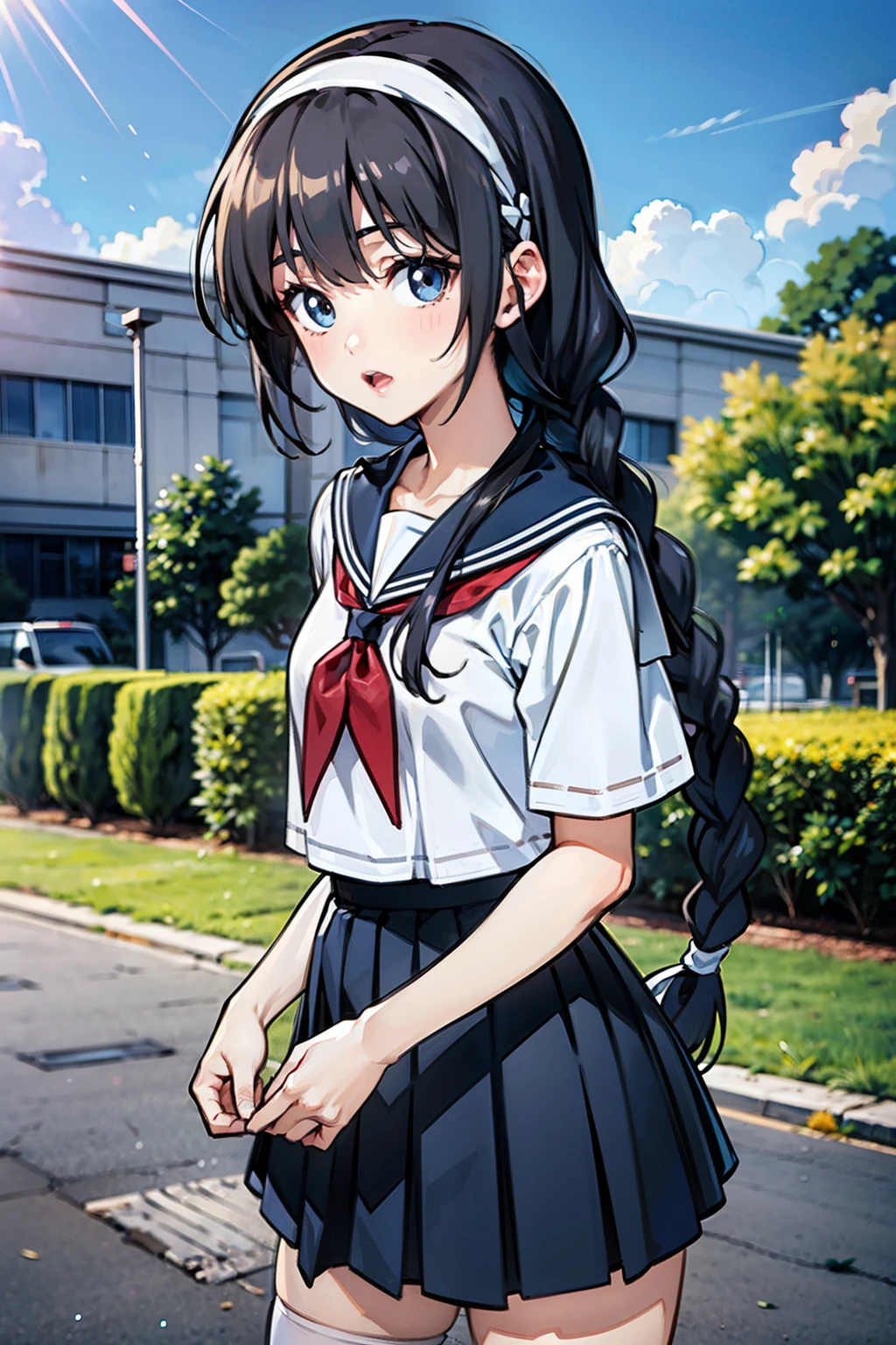 Body 8 times longer than head, (High-definition CG Unity 8K), (highest quality)，(very detailed)，(ultra high resolution), black hair, High school girl wearing a navy sailor suit, anime 2d rendering, realistic young anime , ((white headband)), small breasts, tall, slanted eyes, (school scenery), black stockings, during the day, open your mouth a little, Dark blue skirt, braid hair,  Skip, 