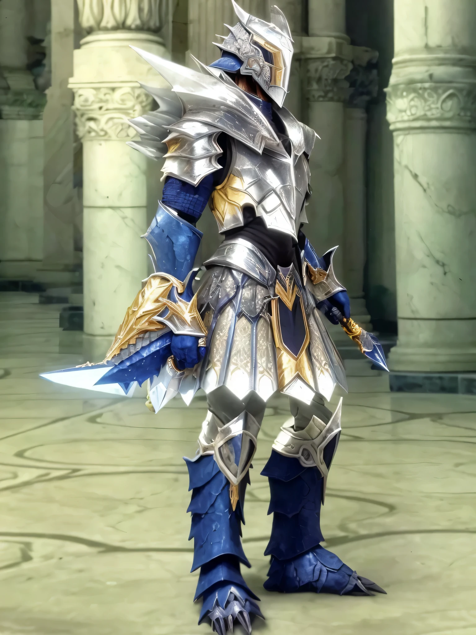 a close up of an abysmal looking person holding jagged daggers in a marble hall, armadura refletida cor de gelo lascada, em armadura de opala, armadura branca brilhante, da linhagem 2, armadura safira, mulher mesmer sedutora, elegante armadura branca brilhante, em armadura monster hunter, usando armaduras ornamentadas, armadura branca complexa, epic paladin armor
