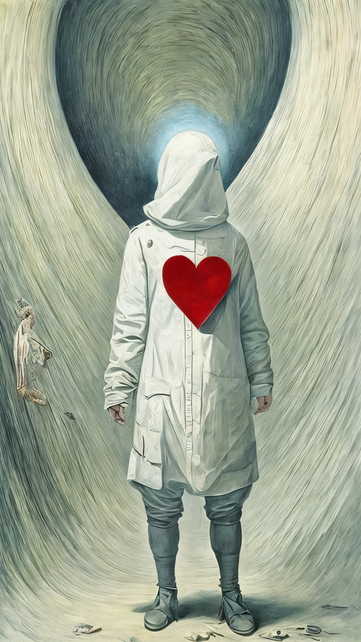 surrealism, Faceless person、wearing white protective clothing、There is a large hole in the chest.、There's a heart floating there