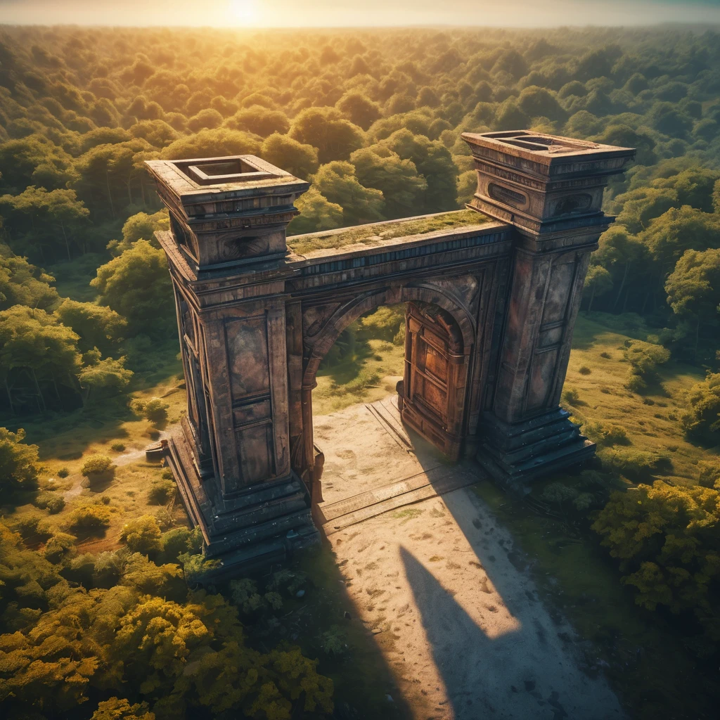 Aerial view of a forgotten ((open gateway)) of time and space.(best quality,4k,8k,highres,masterpiece:1.2),ultra-detailed,(realistic,photorealistic,photo-realistic:1.37),HDR,UHD,studio lighting,ultra-fine painting,sharp focus,physically-based rendering,extreme detail description,professional,vivid colors,bokeh,concept artists