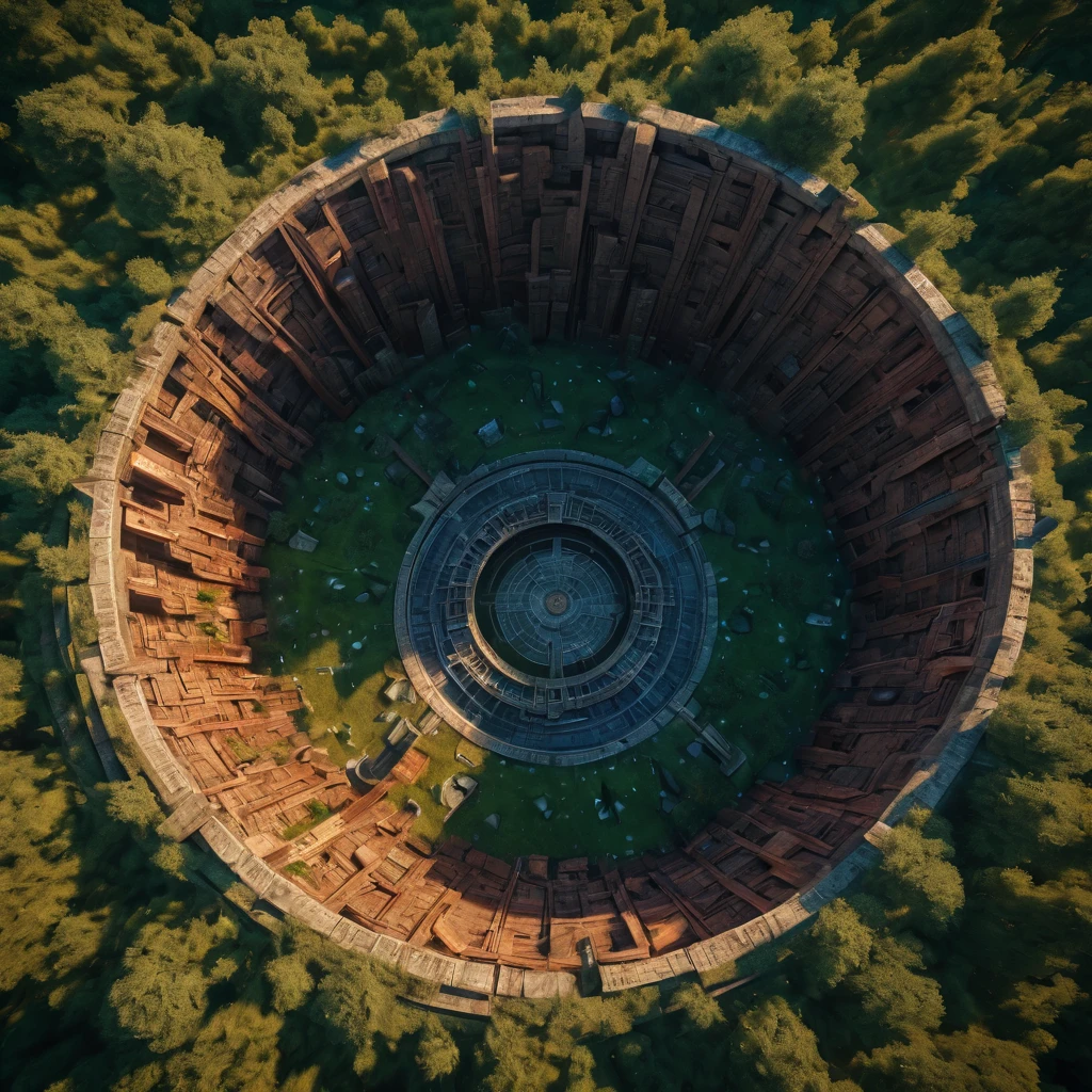 Aerial view of a forgotten ((open gateway)) of time and space.(best quality,4k,8k,highres,masterpiece:1.2),ultra-detailed,(realistic,photorealistic,photo-realistic:1.37),HDR,UHD,studio lighting,ultra-fine painting,sharp focus,physically-based rendering,extreme detail description,professional,vivid colors,bokeh,concept artists