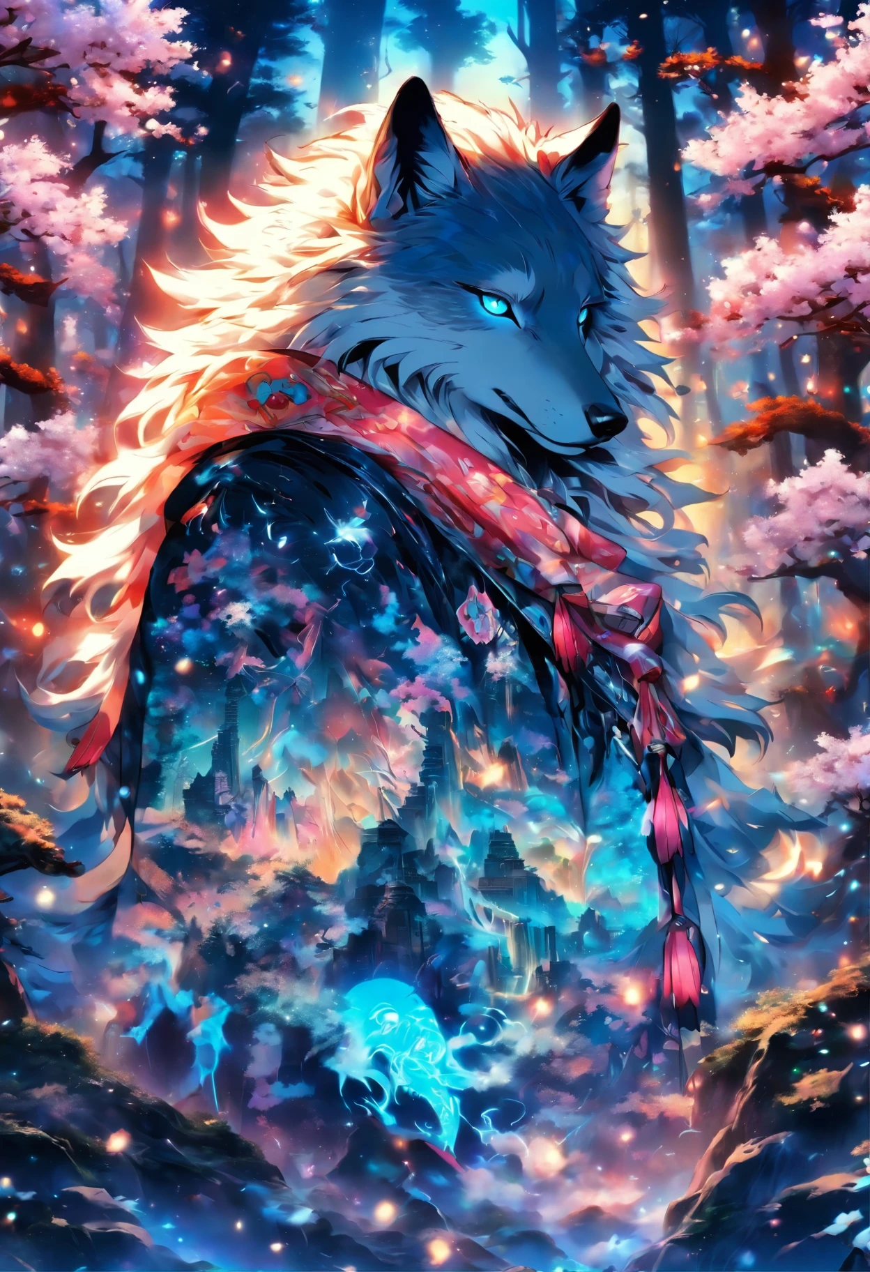 The most beautiful and enchanted wolf spirit, white hair, glowing blue eyes, tons of tattoos and piercings, in the most beautiful enchanted forest, graffiti and kanji elements in the background, cherry blossoms blowing in the wind, highly detailed, perfect masterpiece, high quality, high resolution