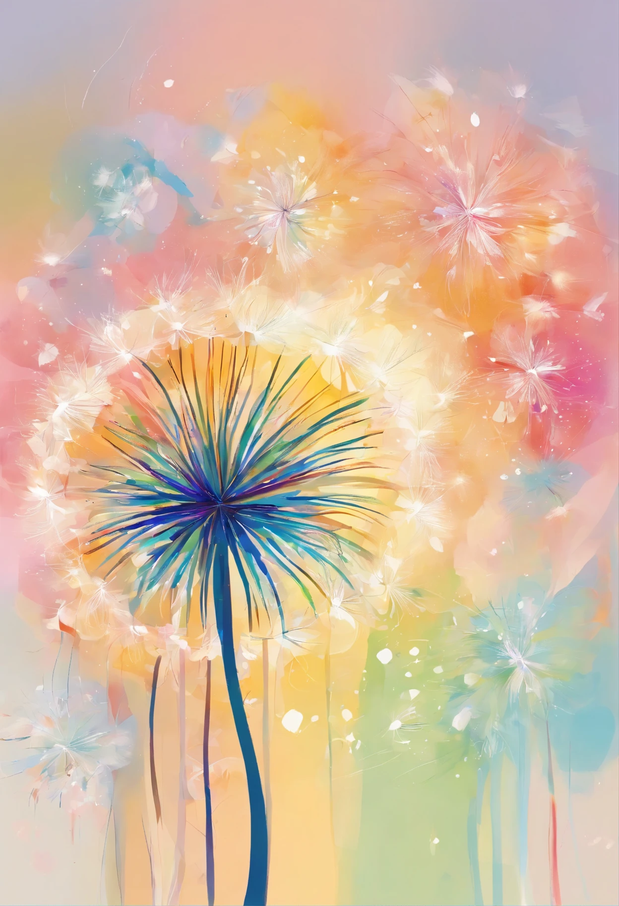 Draw an abstract painting of a single flower.,Light pastel dandelion fluff、aesthetic composition,estilo minimalista, golpes suaves e quentes、The main colors of the work are soft pastel tones..、Enquanto olho para esta imagem, DIG、Interaction of color and texture、Immerse DIGrself in the gentle atmosphere