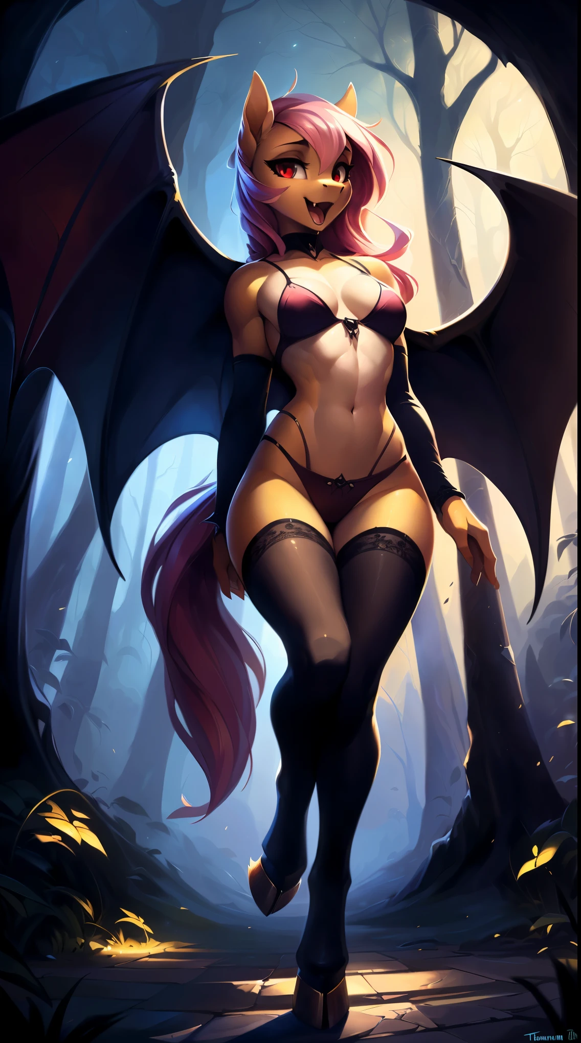 uploaded on e621, by Bayard Wu, by Thomas Benjamin Kennington, by Einshelm, solo anthro, ((Portrait)), ((Wear a vampire outfit)), (White and Pink Underwear), (girly stockings, homie stockings), (detailed Bonifasko lighting), (Detailed fur), (detailed skin), (Cinematic lighting), ((Detailed background, cozy forest at night)), (half body shadow), [ambient light on the belly], [explict content], [sharp-focus], (shaded), ((Masterpiece), red eyes, (long hair), (pink hair), Average Breasts, ((Small Yellow Bat Wings)), small wings, pectoral muscles, Fluffy pony, MLP, My Little Pony, Vampire, (Vampire Flutter Shy), yellow skin, fangs, predator, (fluffy fur), fluffy tights, fluffy chest, furry fantasy art, anthro art, commission for high res, Furry art, pov furry art, Sakimichan is beautiful, Masterpiece, Best Quality, Detailed image, Dark colors, Detailed Face, perfect  lighting, Perfect shadows, Perfect eyes, focus on girl, flawless face, gorgeous body, Hourglass body, feet focus (hooves), Fluffy, fluffy girl, Body fur, pony muzzle, Playful look, half closed eyes, 1girl, full body, Detailed fur, Balanced coloring, ((Long mane, pony tail)), Furry, anthro, (attractive body), looking at viewer, seductive gaze, seductive posing, perfect legs, (haunting, open mouth, hiss, agressive look), flying from above (Flying action, during attack from sky), grim light