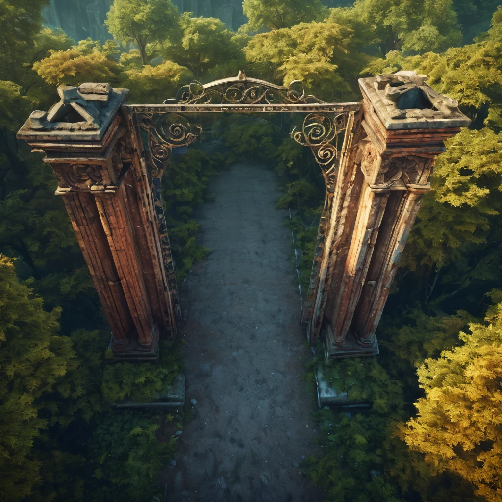 Aerial view of a forgotten ((open gateway)) of time and space.(best quality,4k,8k,highres,masterpiece:1.2),ultra-detailed,(realistic,photorealistic,photo-realistic:1.37),HDR,UHD,studio lighting,ultra-fine painting,sharp focus,physically-based rendering,extreme detail description,professional,vivid colors,bokeh,concept artists