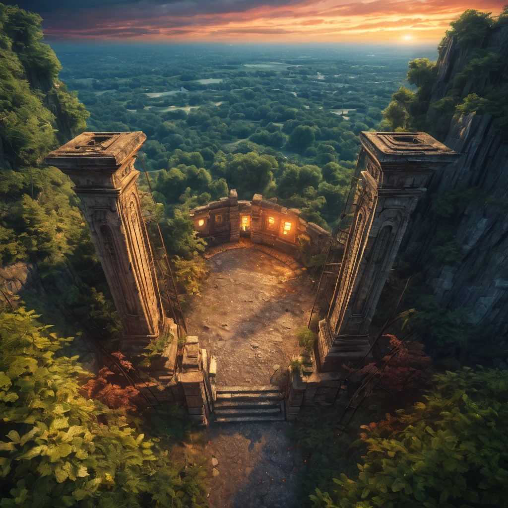 Aerial view of a forgotten ((open gateway)) of time and space.(best quality,4k,8k,highres,masterpiece:1.2),ultra-detailed,(realistic,photorealistic,photo-realistic:1.37),HDR,UHD,studio lighting,ultra-fine painting,sharp focus,physically-based rendering,extreme detail description,professional,vivid colors,bokeh,concept artists