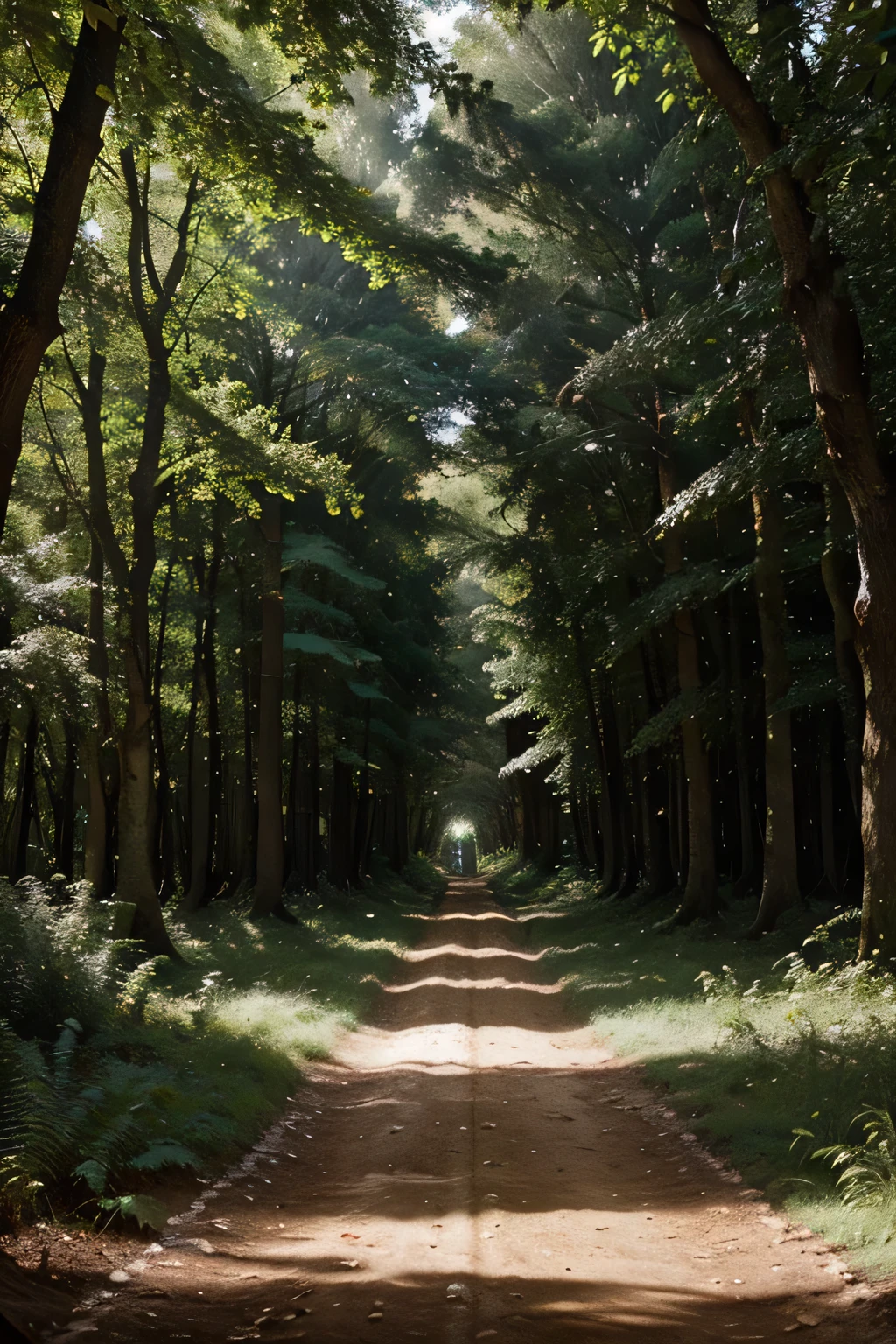 Generates an image that transports you to a magical and dreamy forest, where towering trees reach into the sky, con un pintoresco camino de tierra que serpentea por el medio. Destacar la magnificencia de la naturaleza., highlighting the height and grandeur of the trees. Play with lighting to create a mystical atmosphere, where sunlight filters through the branches and dances across the leaf-covered ground. Capture the sense of wonder and awe that this enchanted forest imparts., con detalles que muestran la extraordinaria belleza de la flora y fauna que lo habitan, and presenting the dirt road that invites exploration.