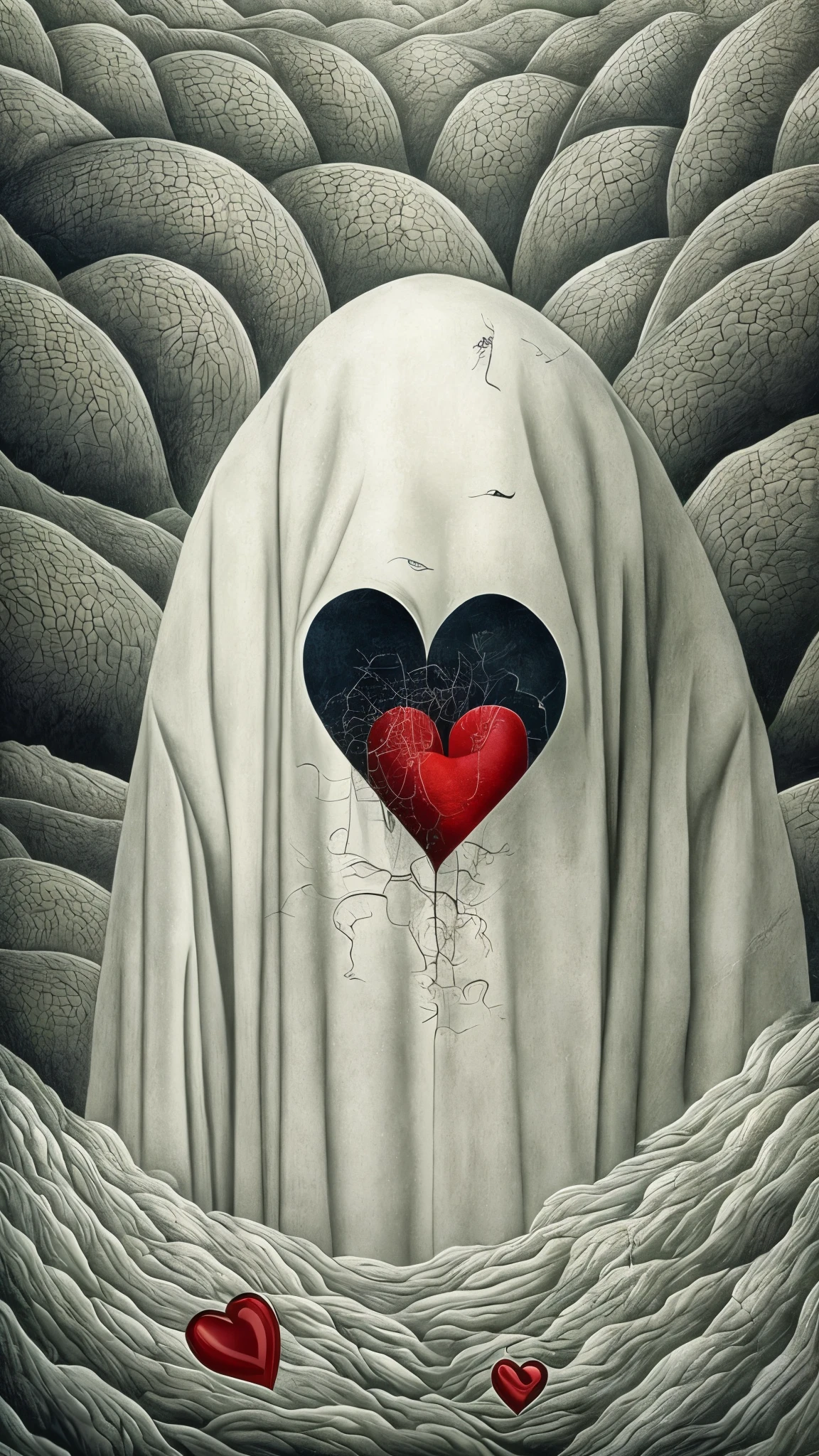 surrealism, Faceless person、wearing white protective clothing、There is a large hole in the chest.、There&#39;s a heart floating there