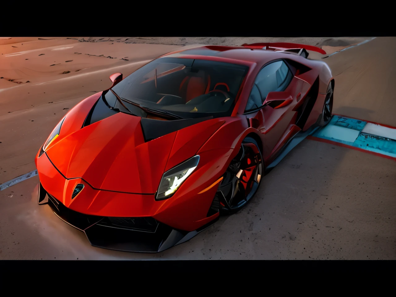 bright red lamborghini detail portrayal Realistic and three-dimensional ultra-quality The ultra -The high-definition Coast with beautiful sunset