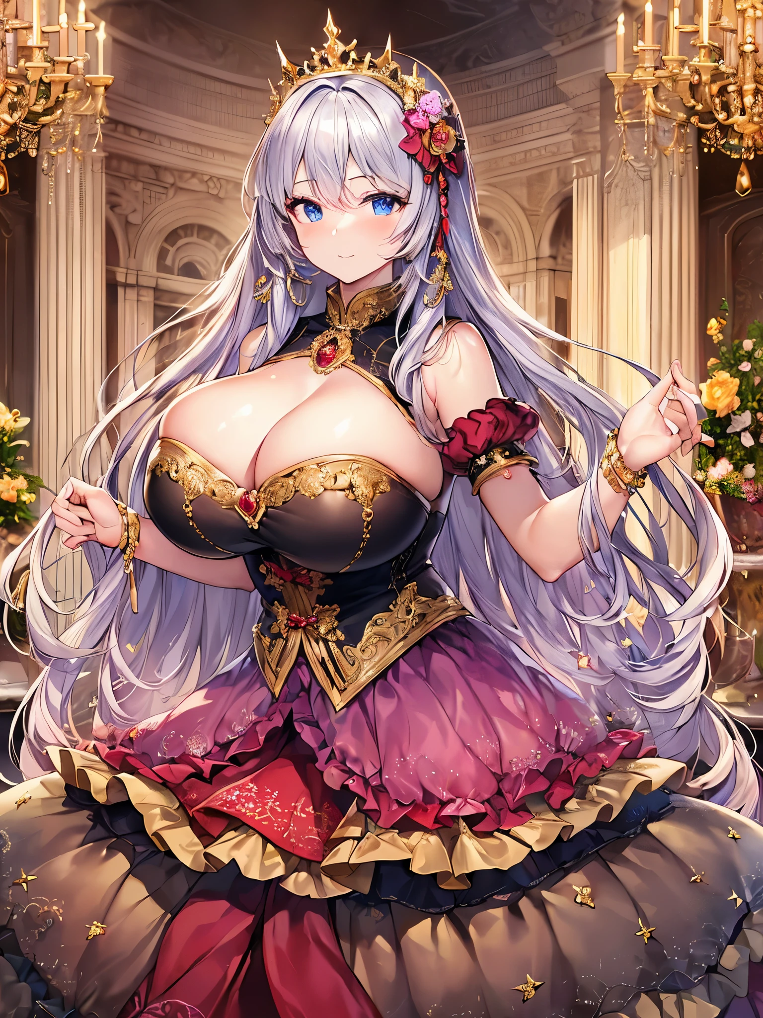 anime artstyle,Masterpiece,Best Quality,Super Detail,((Very Delicate and Beautiful)),(((1 plump princess in beautiful embroidery and jeweled gorgeous rococo ballgown with voluminous hoop skirt))),crinoline skirt,((Solo)),Standing,((full body)),(((very gigantic breasts,very gigantic breasts,sagging breasts,skindentation))),cleavage,detailed face and eyes,jewel-like eyes,((extremely voluminous straight Hair,Extremely Long Straight Hair)),((gorgeousfull embroidery and lace,beautiful embroidery and jeweled)),Gorgeous Gemstone Jewelry,gorgeous corsage,gorgeous hair ornament,((glitter jeweled gorgeous big tiara)),((full body)),((beautiful embroidery and jeweled gorgeous rococo ballgown with voluminous hoop skirt)),crinoline skirt,(crinoline),((Standing in gorgeous palace)),Looking at viewer,dynamic angle,(((beautiful embroidery and jeweled gorgeous rococo ballgown with voluminous hoop skirt))),crinoline skirt,full body,