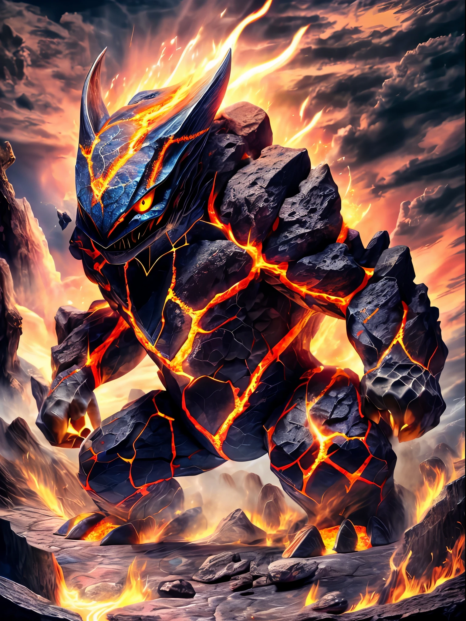(best quality,4K,8k,high resolution,masterpiece:1.2),Super detailed,(actual,photoactual,photo-actual:1.37), human development report,ultra high definition,Bokeh, bright colors, Strong lighting, flashing heat wave, formidable presence, fiery gaze, A magnificent scene unfolds, Capture images of the fabulous fiery magma golem. its massive shape dominates the landscape, Exuding an aura of overwhelming raw power. rising from the depths of the earth, This huge creature stands tall, Its body is made entirely of magma stone. Lava flows and seeps from its cracks and crevices, Illuminate the surroundings with charming light. Fire dances and flickers around the puppet, Creates a burning halo that engulfs the entire scene. Heat waves flicker in the air, blurring the line between fantasy and reality. The existence of puppets is indeed awe-inspiring. Its massive form exudes strength and resilience, As if carved from the center of the earth. Rough and rugged lava rocks, jagged edges and intricate patterns hint at the power contained within. Magma keeps pouring out of its body, pouring down like a fiery waterfall, left a trail of destruction. puppet eyes, glowing with an intense fiery gaze, Penetrate the darkness, Exuding otherworldly energy. The golem’s skin is very eye-catching, Similar to obsidian magma stone,Shimmering with an ethereal light. The surface is covered with attractive patterns, Changes as the lava flows below. Every gap and texture has been carefully and meticulously treated, Capturing the rugged beauty of this mysterious creature. The interplay of light and shadow presents the richest colors, From deep red to vibrant orange, Create stunning visual spectacle. The scene is full of intense energy, It was as if the air crackled and hissed with the power of the puppet. Colors are vibrant and dynamic, violent pulsation. The lighting is dramatic, Cast deep shadows and emphasize