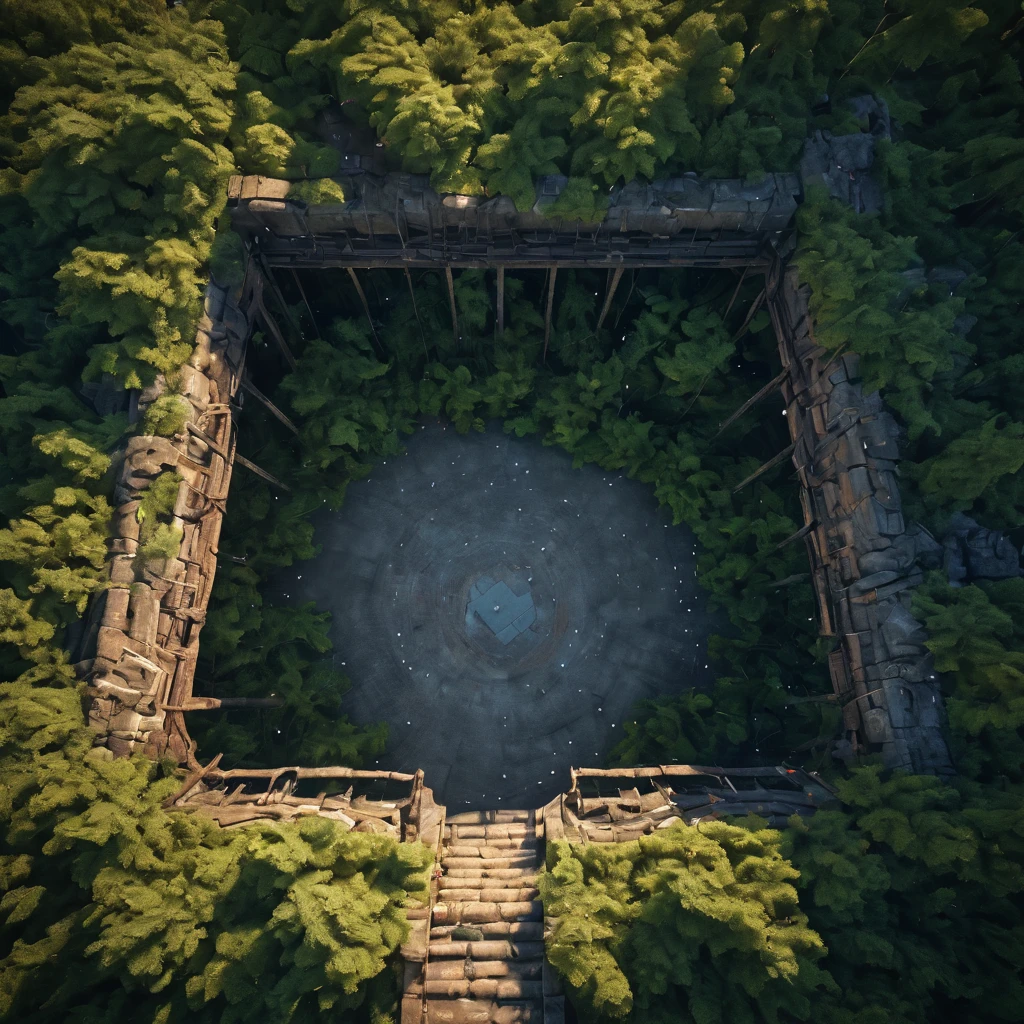 Aerial view of a forgotten ((open gateway)) of time and space.(best quality,4k,8k,highres,masterpiece:1.2),ultra-detailed,(realistic,photorealistic,photo-realistic:1.37),HDR,UHD,studio lighting,ultra-fine painting,sharp focus,physically-based rendering,extreme detail description,professional,vivid colors,bokeh,concept artists