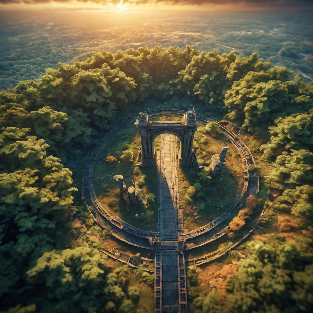 Aerial view of a forgotten ((open gateway)) of time and space.(best quality,4k,8k,highres,masterpiece:1.2),ultra-detailed,(realistic,photorealistic,photo-realistic:1.37),HDR,UHD,studio lighting,ultra-fine painting,sharp focus,physically-based rendering,extreme detail description,professional,vivid colors,bokeh,concept artists