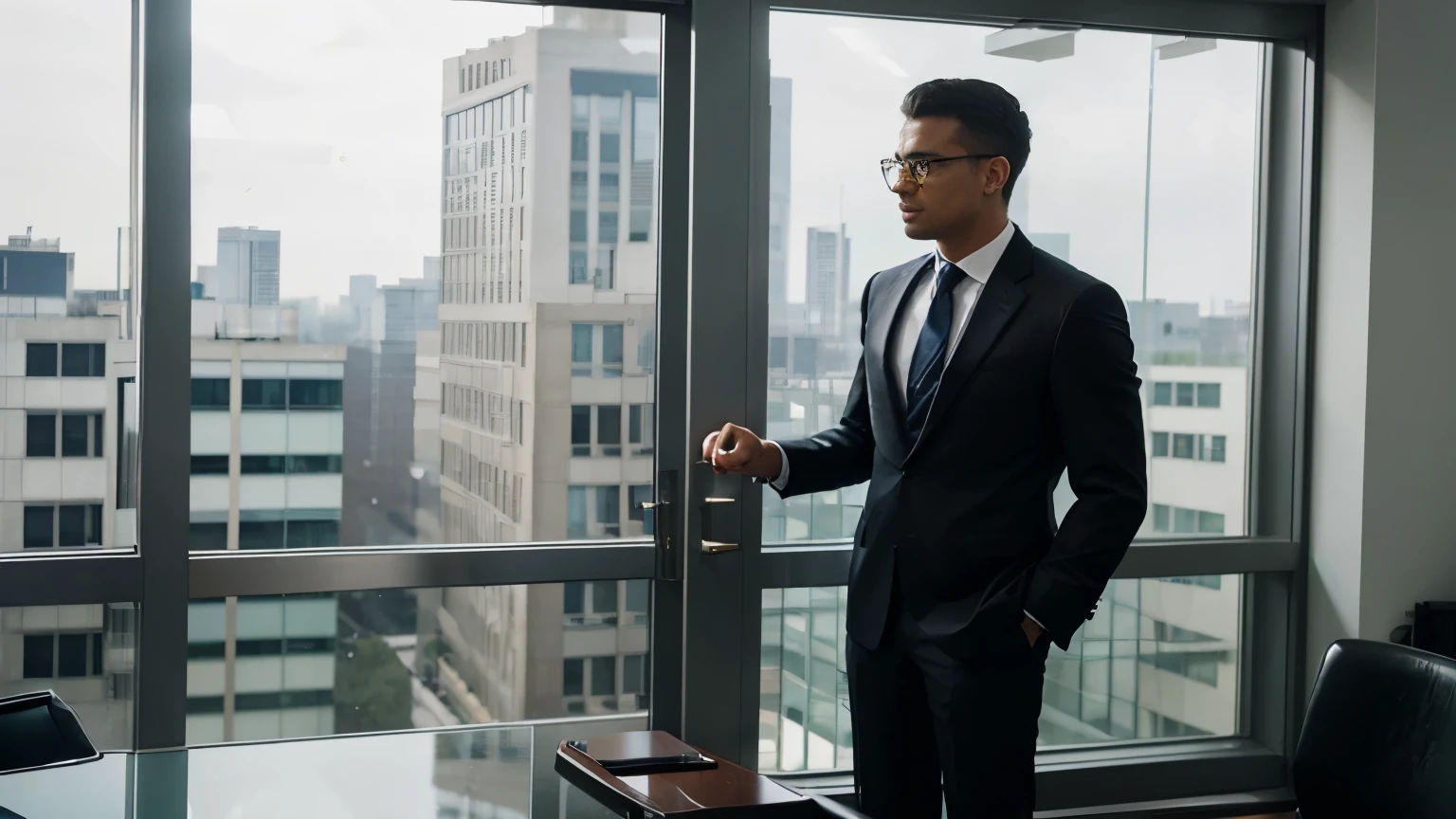 A successful entrepreneur wearing a sleek suit, standing in his luxurious office, confidently looking out the window with determination, with glass and steel buildings in the background.