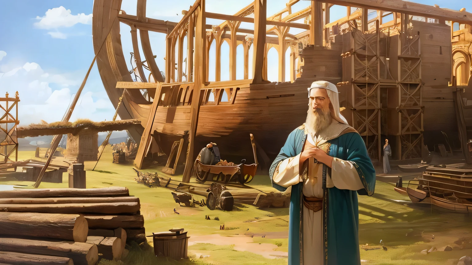barco de madeira arafed em um campo com um homem ao lado dele, Noah'Arca, bible illustration, Arquimedes, a digital rendering, a Torre de Babel, trirreme, construction, Torre de Babel, moisés, por Wayne Inglaterra, matte painting illustration, inspirado em Moses van Uyttenbroeck, biblical painting, inspirado em Robert Noble