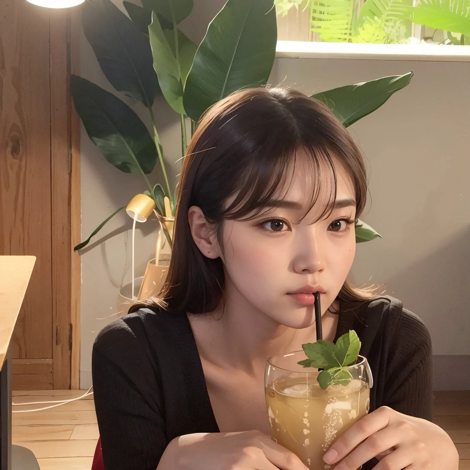 there is a woman sitting at a table com uma bebida in her hand, Heonhwa Choe, Sun Yunjoo, Jinyoung Shin, Lee Ji-eun, Lee Ji-eun, jaeyeon nam, estacionar a partir de-min, Ulzzang, profile picture with headshot, Lalisa Manobal, com cabelo curto, com franja, Kim Doyoung, com uma bebida