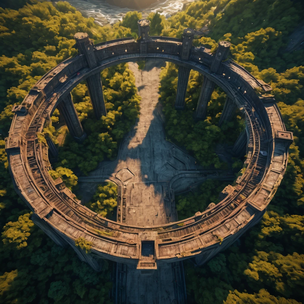 Aerial view of a forgotten ((open gateway)) of time and space.(best quality,4k,8k,highres,masterpiece:1.2),ultra-detailed,(realistic,photorealistic,photo-realistic:1.37),HDR,UHD,studio lighting,ultra-fine painting,sharp focus,physically-based rendering,extreme detail description,professional,vivid colors,bokeh,concept artists