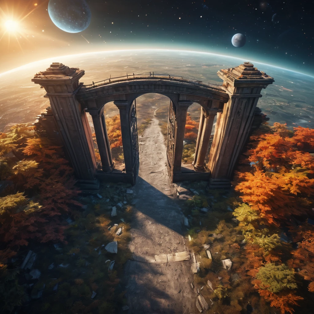 Aerial view of a forgotten ((open gateway)) of time and space.(best quality,4k,8k,highres,masterpiece:1.2),ultra-detailed,(realistic,photorealistic,photo-realistic:1.37),HDR,UHD,studio lighting,ultra-fine painting,sharp focus,physically-based rendering,extreme detail description,professional,vivid colors,bokeh,concept artists