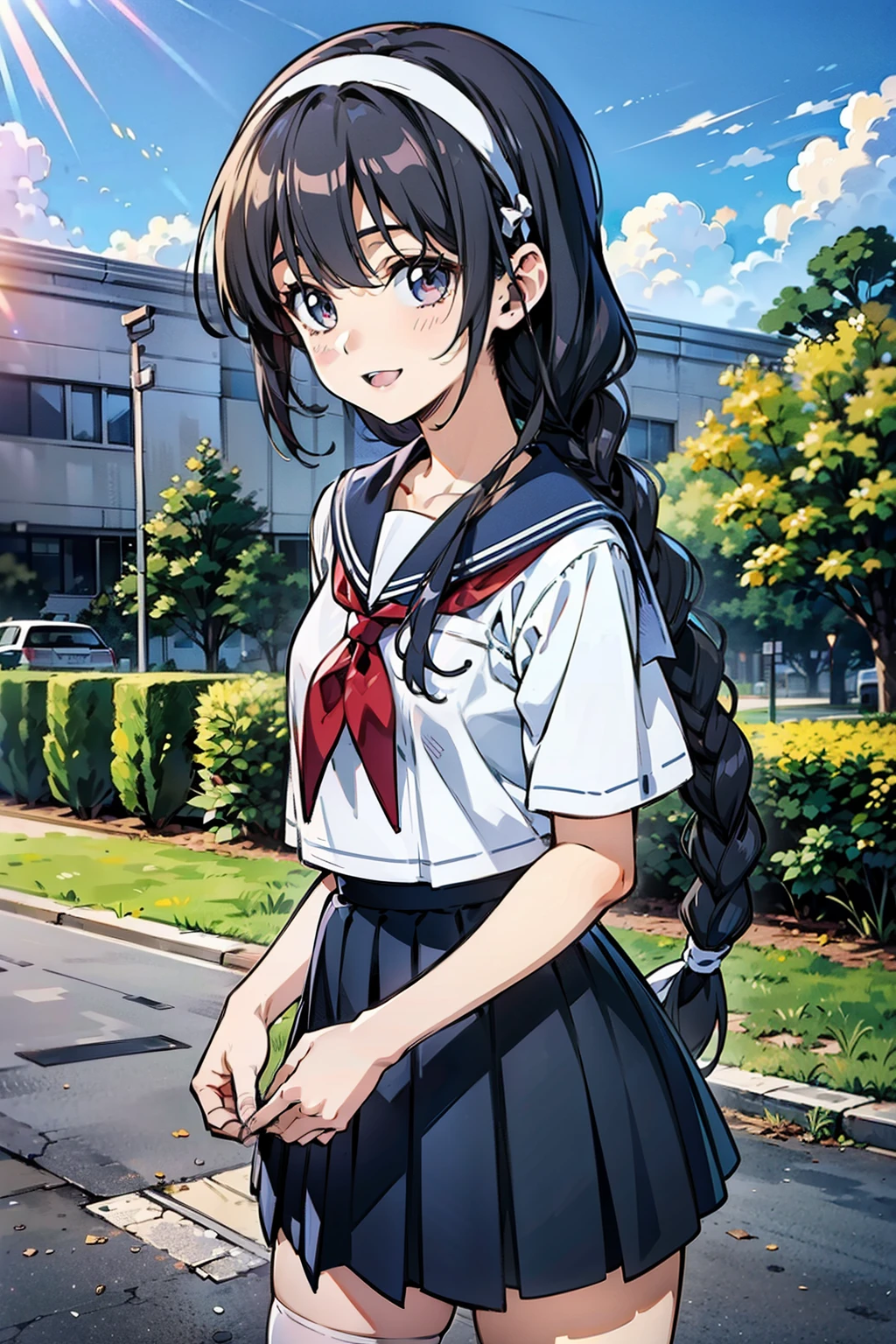 Body 8 times longer than head, (High-definition CG Unity 8K), (highest quality)，(very detailed)，(ultra high resolution), black hair, High school girl wearing a navy sailor suit, anime 2d rendering, realistic young anime , ((white headband)), small breasts, tall, slanted eyes, (school scenery), black stockings, during the day, open your mouth a little, Dark blue skirt, braid hair,  smile, 