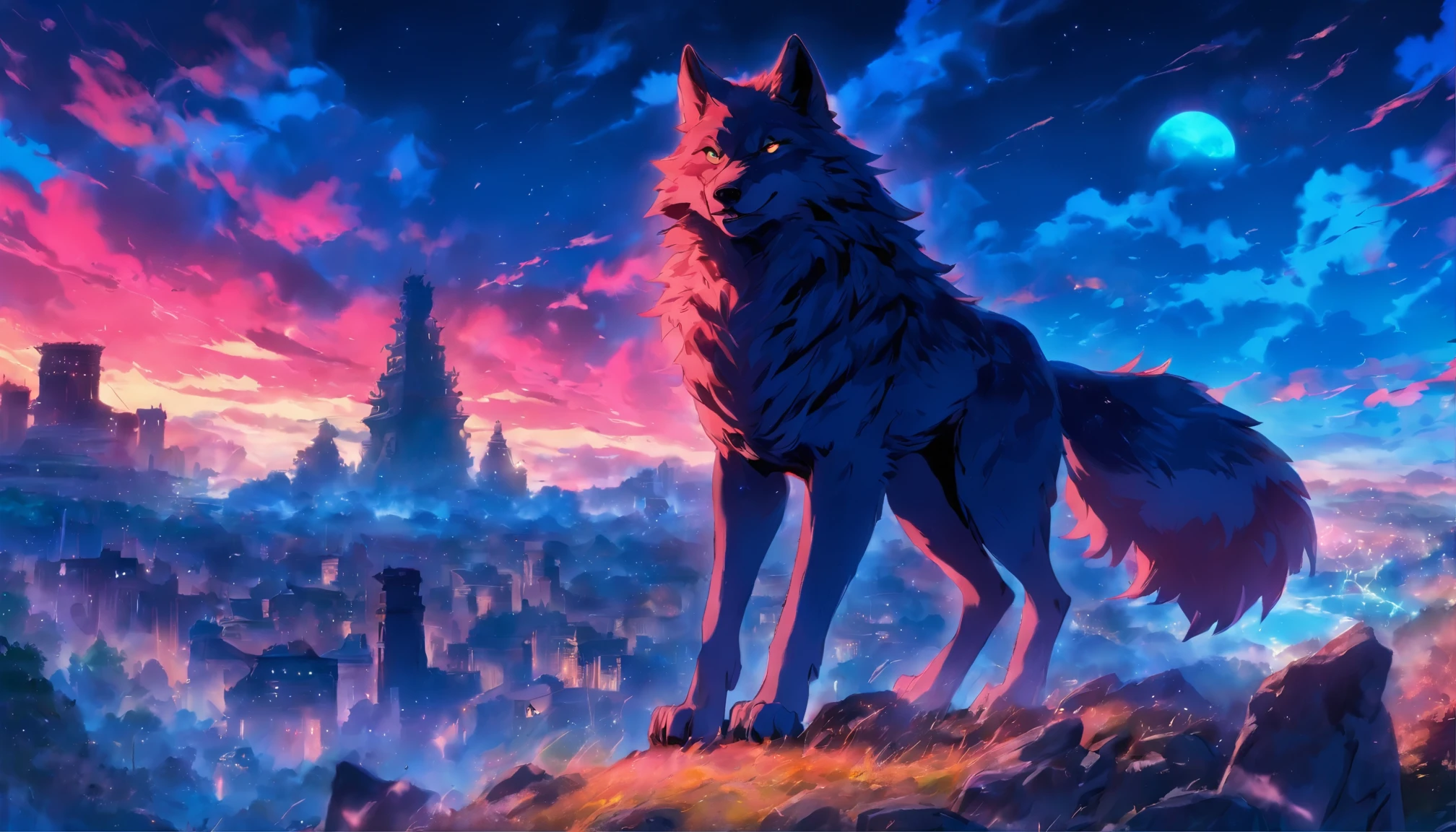 A wolf stands under a blue sky，Back shadow，Solitude，It is surrounded by ruins，In the distance there is the remains of a metal sphere ten kilometers in diameter，Cold wind blows，gale，dark blue theme，furry，Orc symbaroum