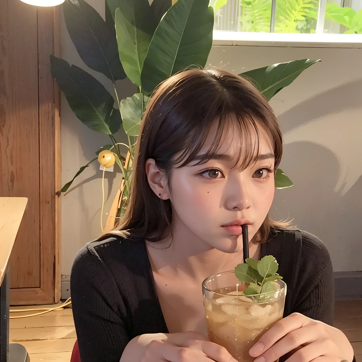 there is a woman sitting at a table com uma bebida in her hand, Heonhwa Choe, Sun Yunjoo, Jinyoung Shin, Lee Ji-eun, Lee Ji-eun, jaeyeon nam, estacionar a partir de-min, Ulzzang, profile picture with headshot, Lalisa Manobal, com cabelo curto, com franja, Kim Doyoung, com uma bebida