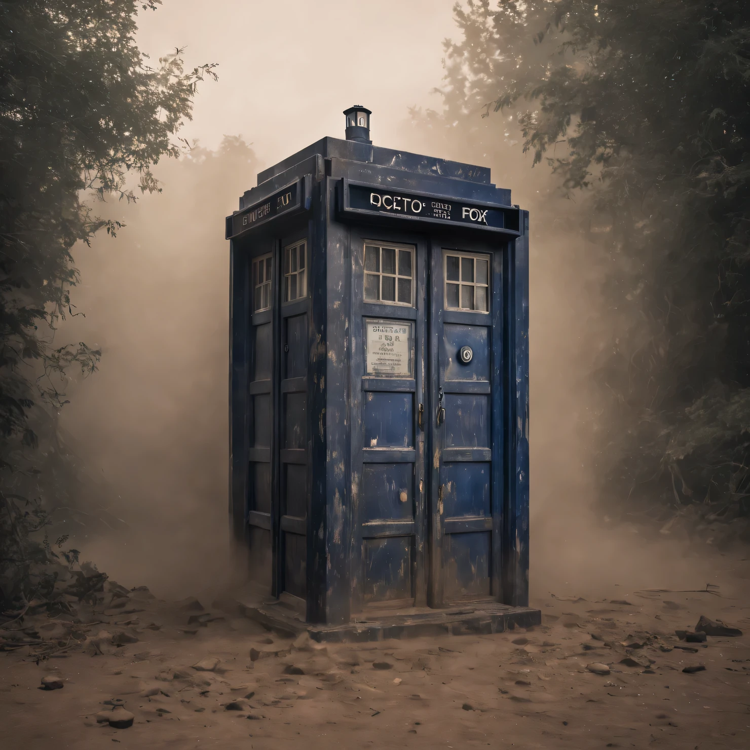 The old forgotten TARDIS from Doctor Who, worn and battered by time, covered in dust, cinematic frame, high detail, a high resolution, 8K, granularity